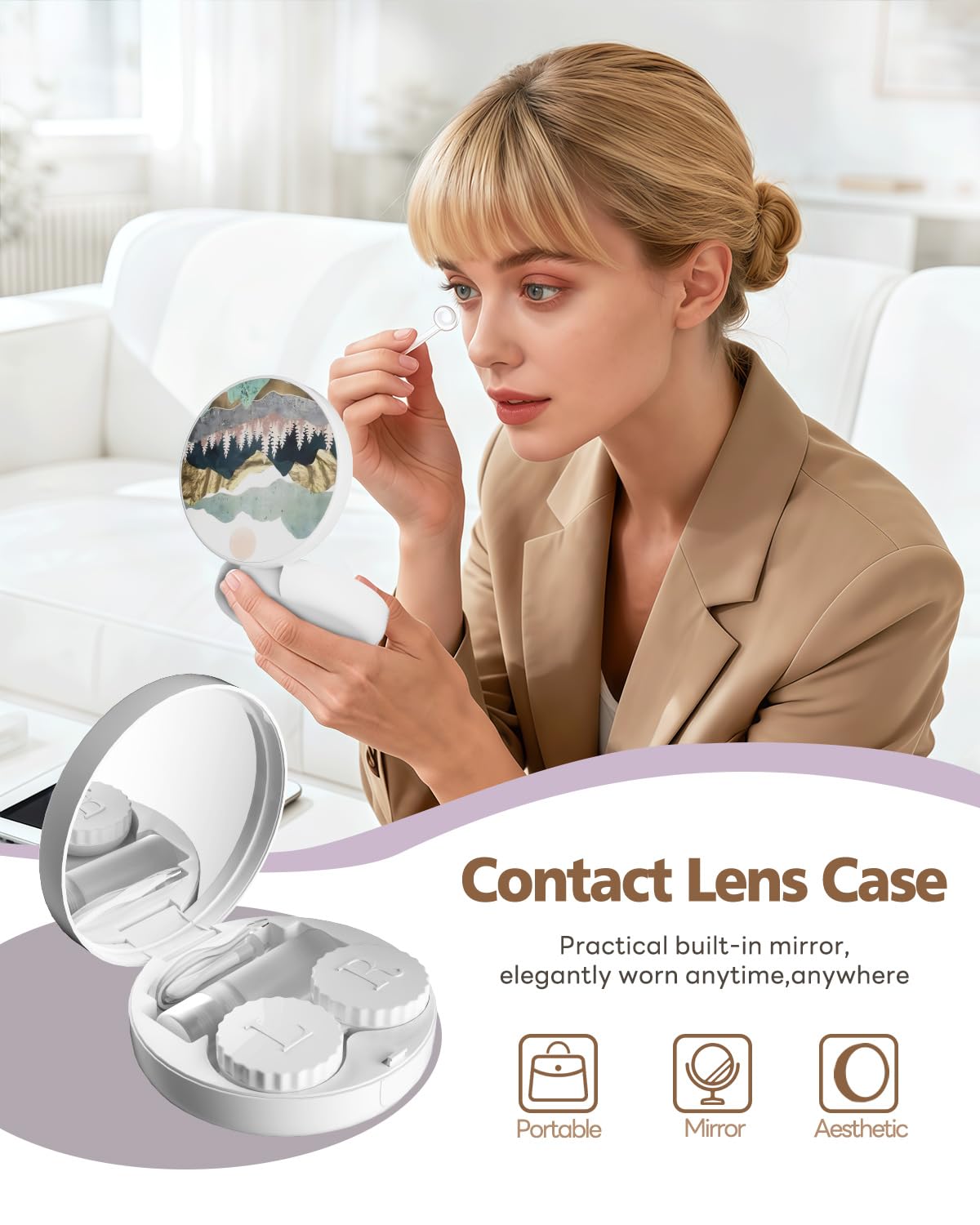 LRITER Estuche para lentes de contacto, estuches portátiles para lentes de contacto a prueba de fugas con espejo, adecuado para maquillaje diario, oficina, viajes al aire libre. (Escenería)