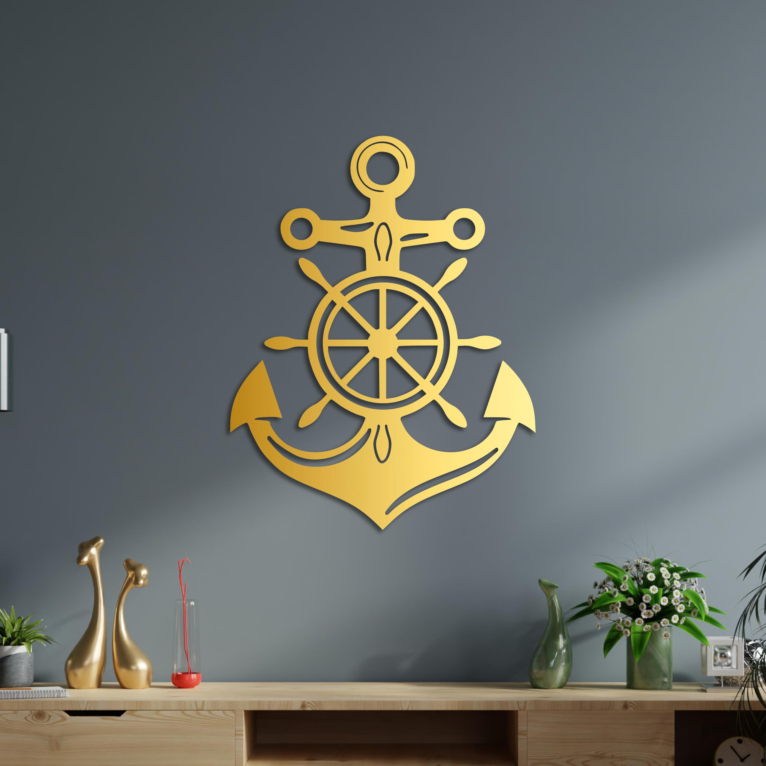 KAWA METALWORKS Anker Metall Wandkunst Dekor mit Schiffsrad nautische Wanddekoration für Wohnzimmer Strandhaus Modern Schwarz Metall Wandbehang Küste Maritim Home Dekoration Matrosen Geschenk