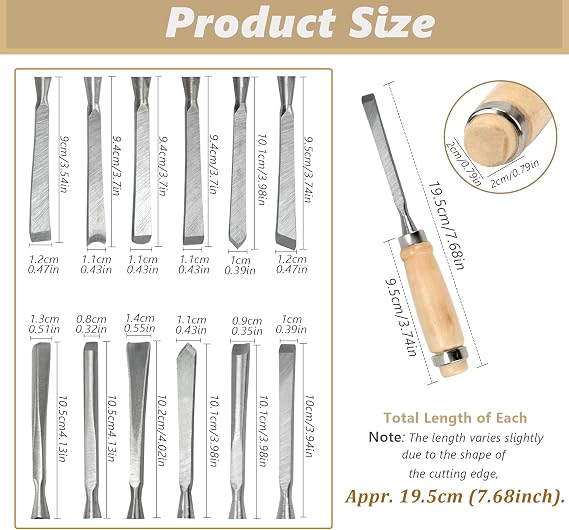 12 Pieces Wood Chisel Set,Wood Chisels for Woodworking with Steel Hammer End, Professional Wood Gouge Turning Tools for Craftsman Carpenter Beginners, for Precision Carving & DIY Projects