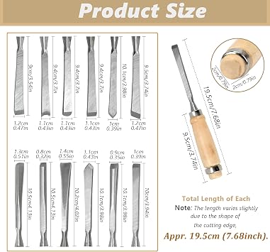 12 Pieces Wood Chisel Set,Wood Chisels for Woodworking with Steel Hammer End, Professional Wood Gouge Turning Tools for Craftsman Carpenter Beginners, for Precision Carving & DIY Projects