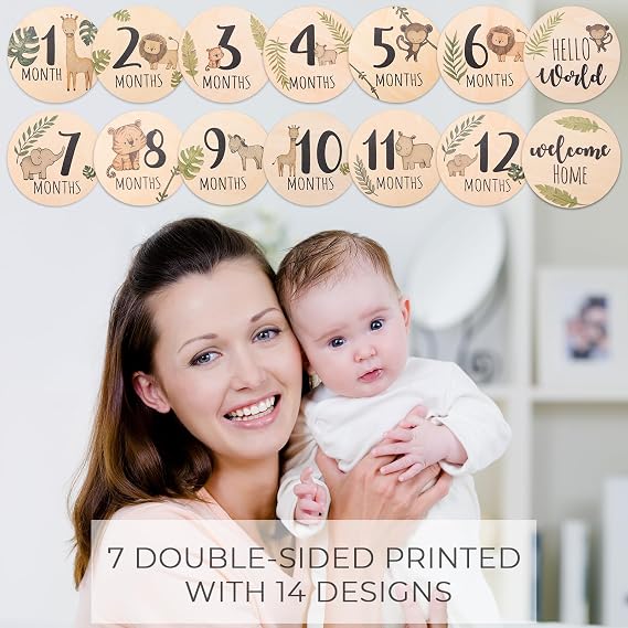 Baby Monthly Milestone Cards Sign - 7 Double Sided Animals Marker Wooden Circles Discs Newborn Photography Prop, Pregnancy Journey Birth Announcement Sign Baby Boy and Girl Gift Sets