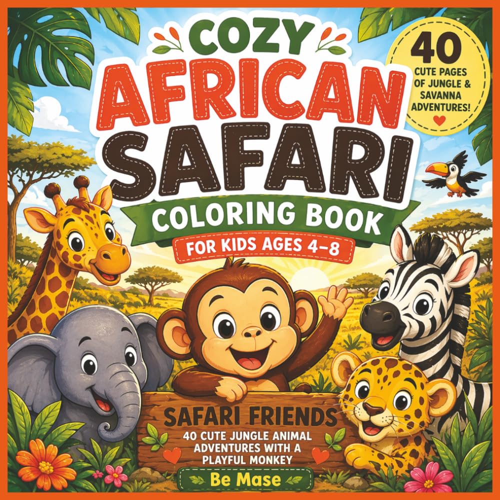 Cozy African Safari Coloring Book for Kids Ages 4–8: Safari Friends – 40 Cute Jungle Animal Adventures with a Playful Monkey