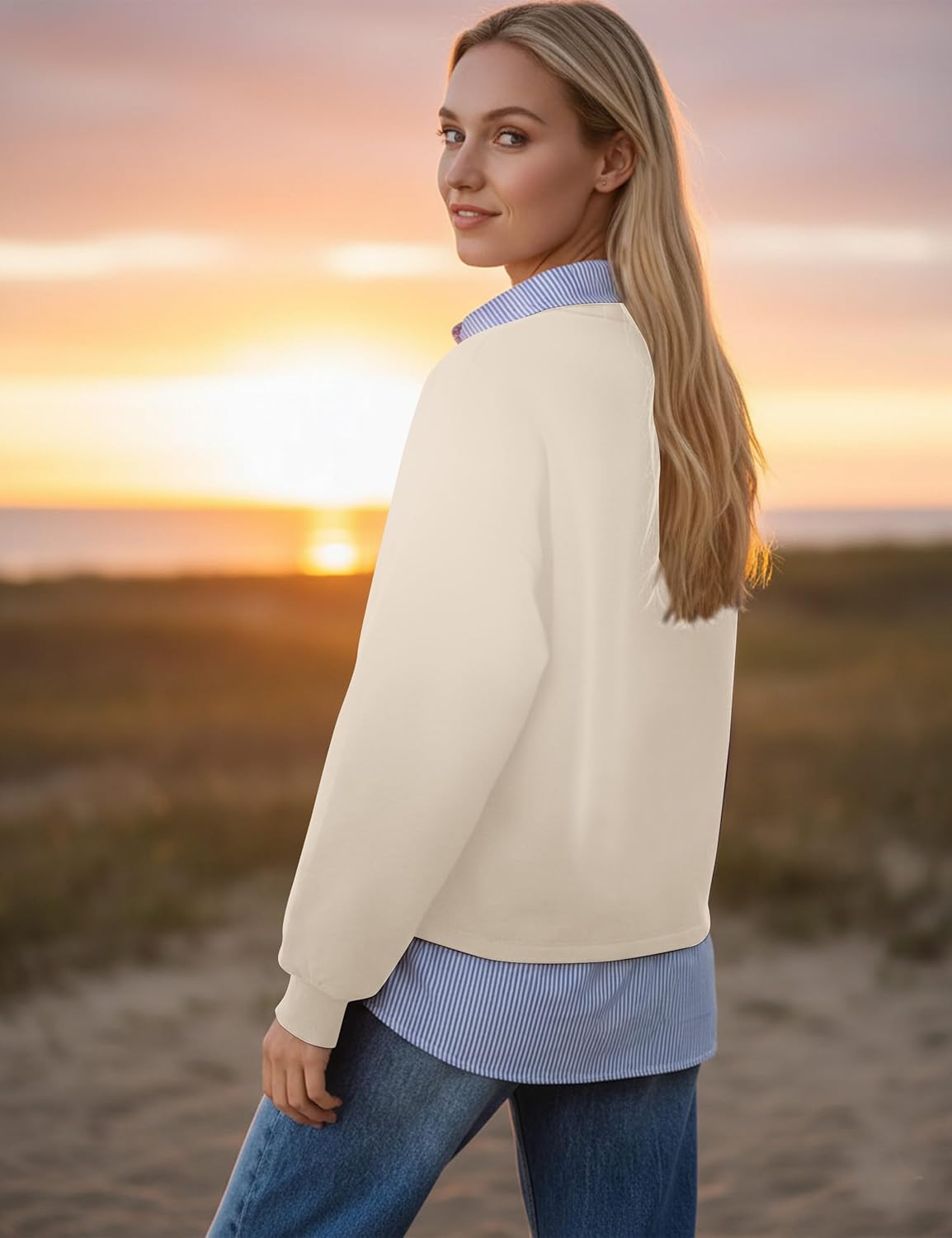 Womens Long Sleeve Polo Shirt 2 in 1 Button Down Collared Patchwork Pullover Top Casual Loose Contrast Fall Outfits - Image 2