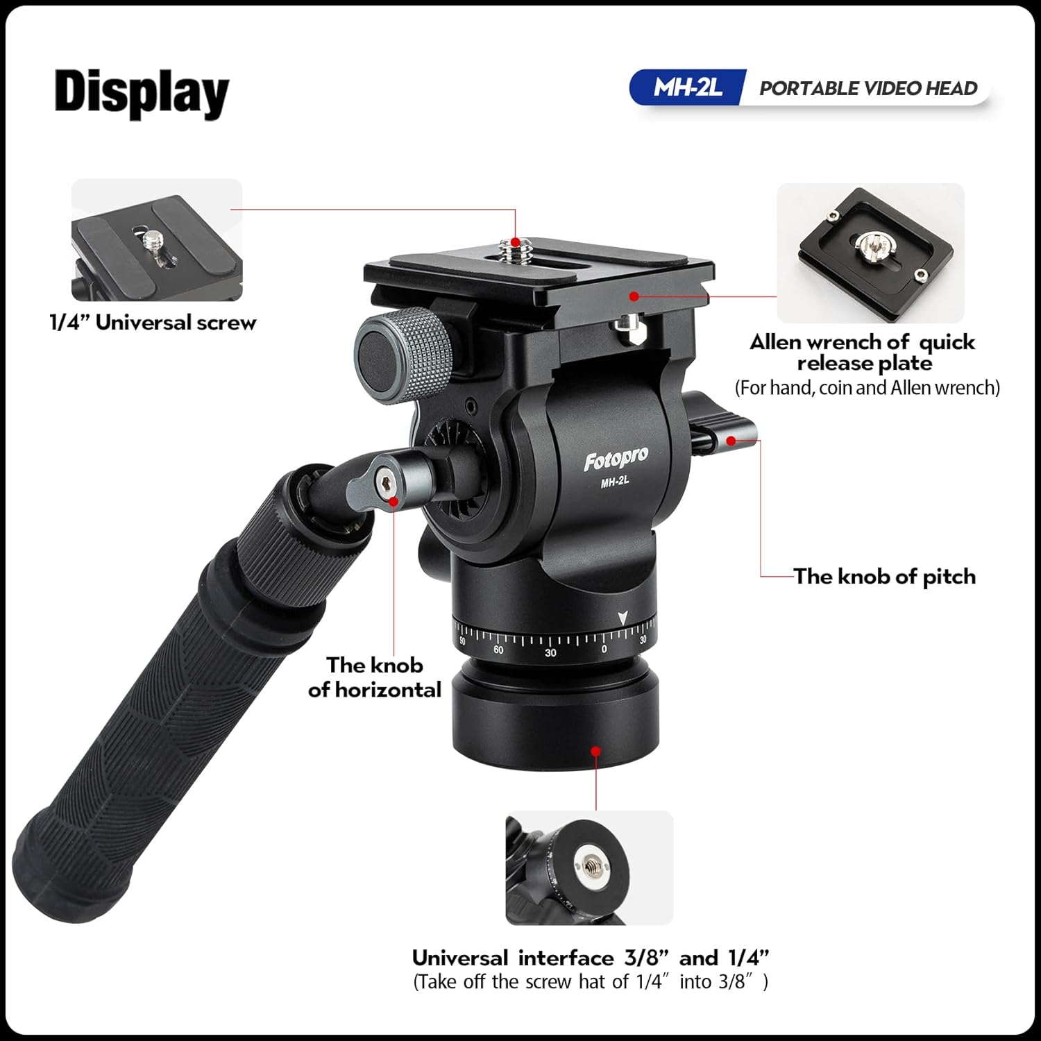 Fotopro Fluid Head Panoramic Tripod Drag Pan Video Head with QR Plate Max Load 6.61lbs 3kg for DSLR Cameras Camcorders MH-2L