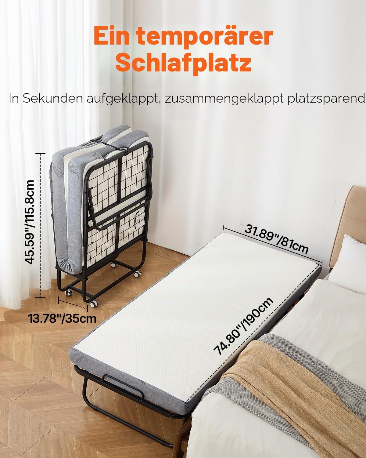 VEVOR Rollbett Klappbett mit 12,5 cm Matratze, faltbares Einzelbett mit Memory Foam-Matratze (190 x 81 cm), 136,1 kg belastbares Gästebett für Erwachsene, Metallbett für Schlafzimmer Wohnzimmer