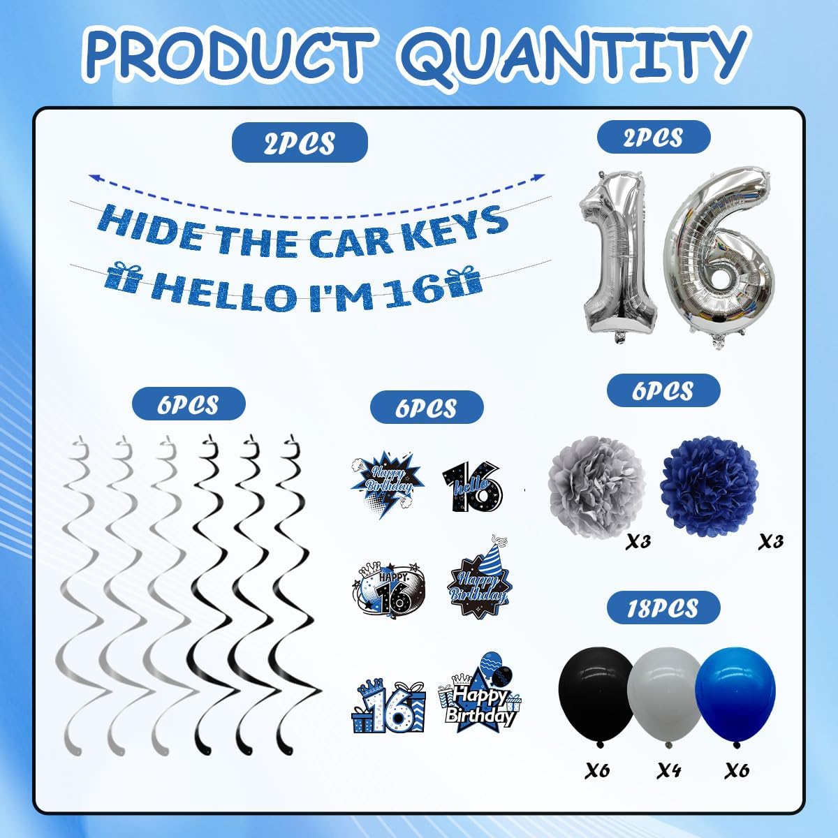 16th Birthday Decorations for Boys Girls 37PCS Blue Black Bruh I'm 16 Hide the Car Keys Party Decorations Backdrop, Banner, Hanging Swirls, Pompoms, Balloons, Cheers to 16 Years Party Supplies