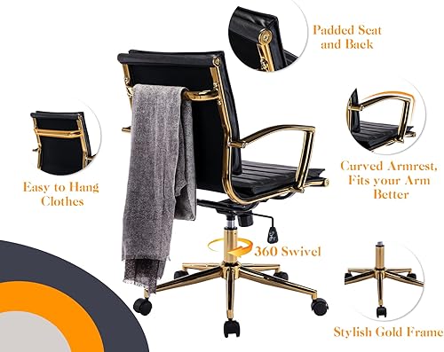Miniatura 3 de CIMOTA Silla de oficina de cuero negro, cómoda silla de escritorio de oficina con ruedas y brazos, marco dorado, moderna silla ergonómica para