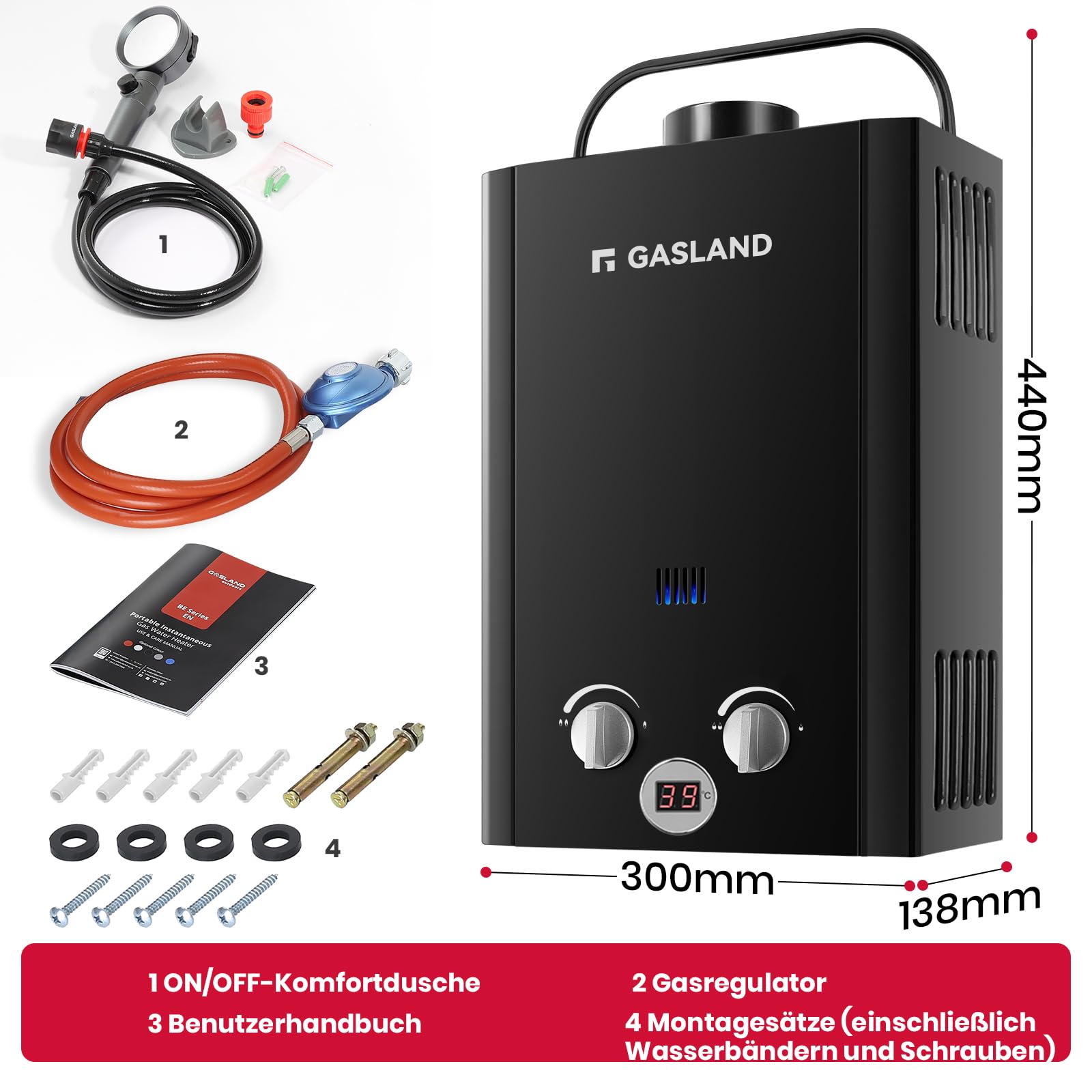GASLAND BE158B Tankless Gasdurchlauferhitzer, 6L LPG Durchlauferhitzer 50mbar, Instant Gasdusche für Campingdusche Pferdedusche
