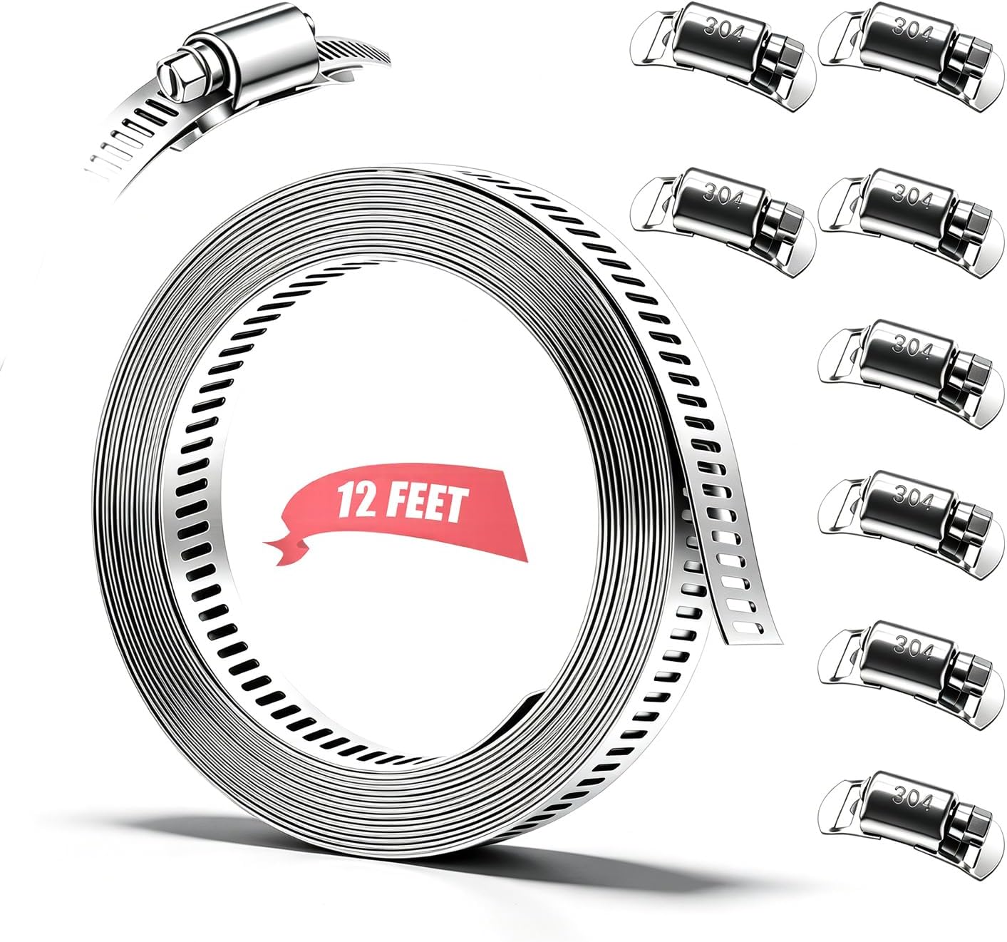 Dianrui DIY Hose Clamps 12FT 304 Stainless Steel Metal Strap + 8PCS Stronger Fasteners Assortment Kit Large Adjustable Pipe Clamps Band Clamp for Pipe Automotive Mechanical