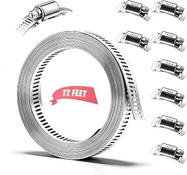 Dianrui DIY Hose Clamps 12FT 304 Stainless Steel Metal Strap + 8PCS Stronger Fasteners Assortment Kit Large Adjustable Pipe Clamps Band Clamp for Pipe Automotive Mechanical