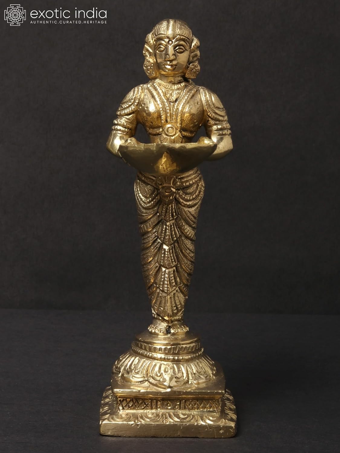 Exotic India Fine Paavai Vilakku (Deep Lakshmi) Brass Statue Traditional Indian Oil Lamp Lady Figurine for, Home Mandir