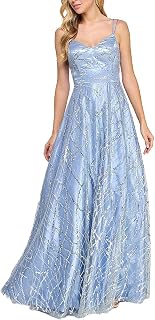 Womens Blue Zippered Sequined Strappy Mesh Glitter Lined Padde Spaghetti Strap V Neck Full-Length Formal Fit + Flare Dress Juniors 78