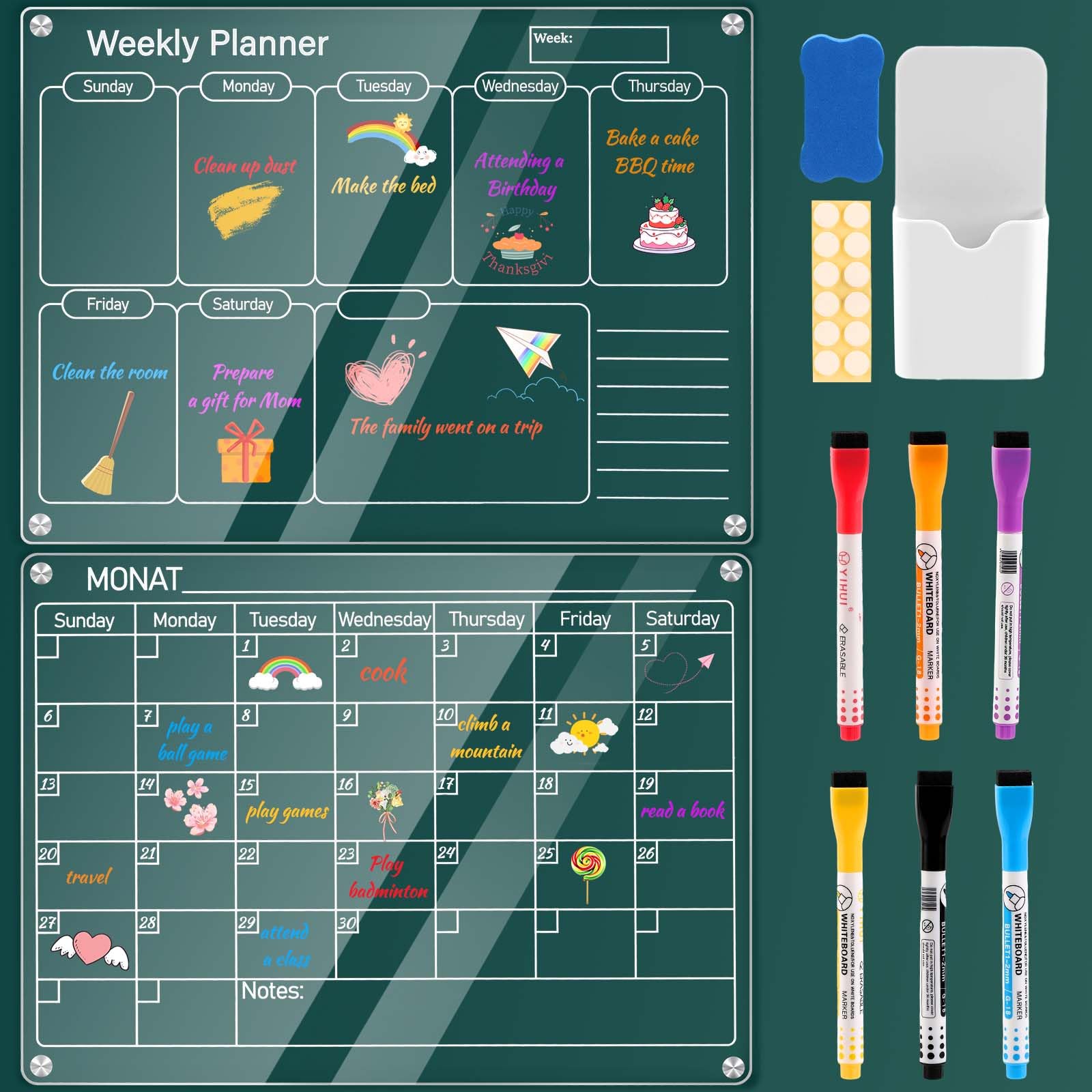 Litimkat 2 Calendario magnetico da frigorifero, agenda mensile trasparente, 40 cm x 30 cm, 6 pennarelli colorati, 1 gomma, 1 portapenne, calendario magnetico acrilico (inglese)