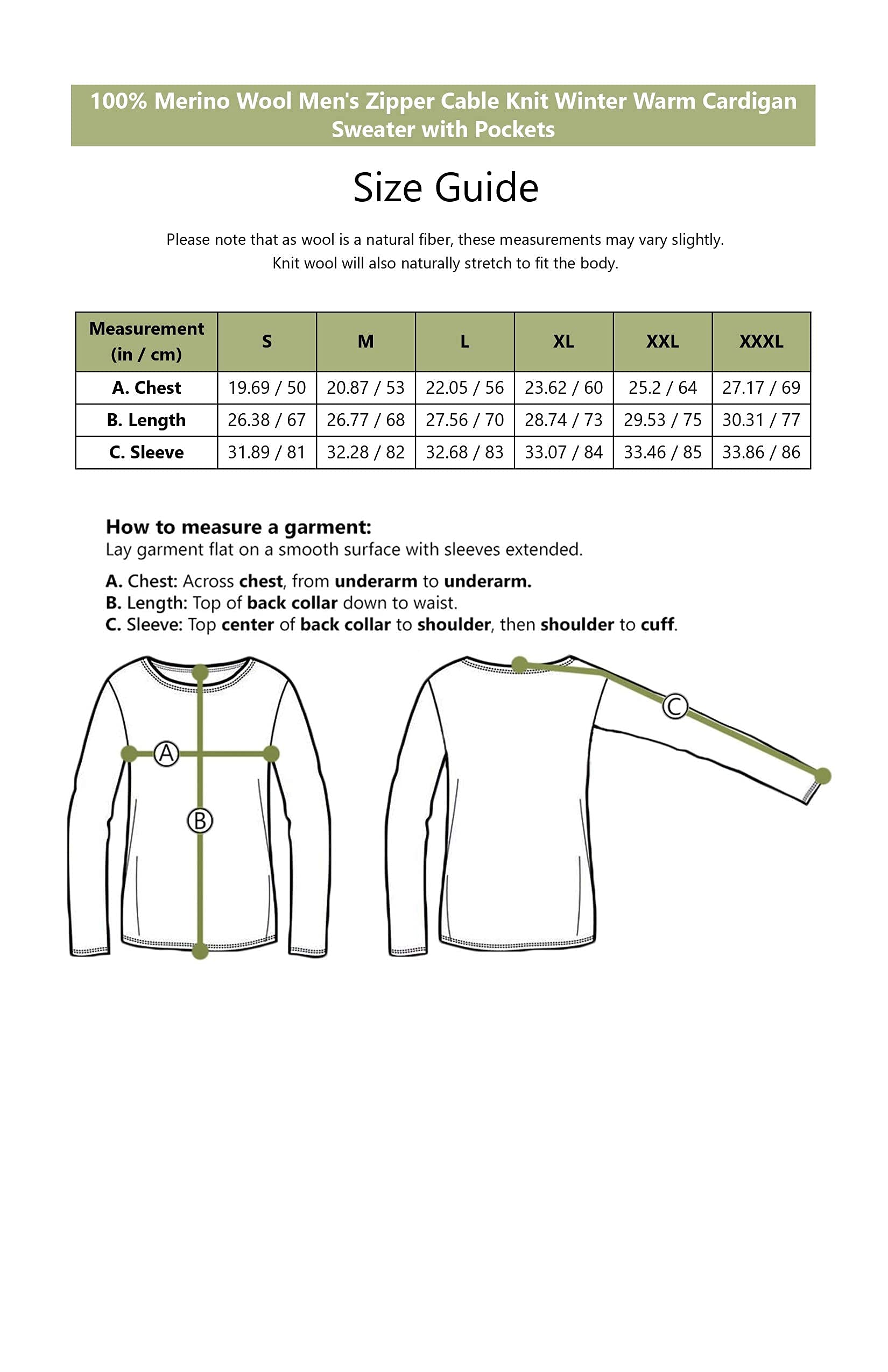 SAOL Cardigan da uomo in 100% lana merino, con cerniera, lavorato a maglia, caldo, invernale, con tasche in antracite/verde militare