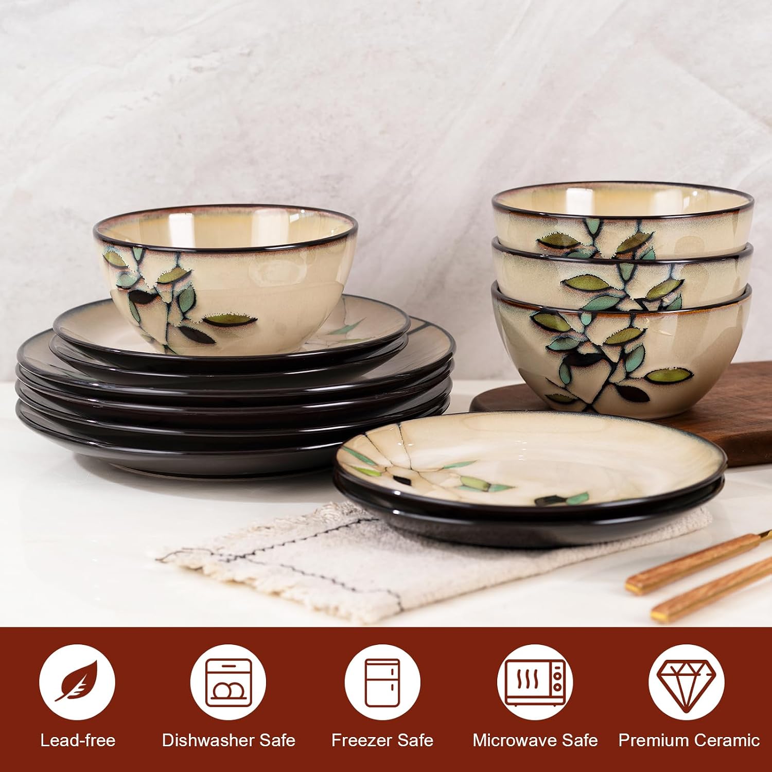 Bamboo Leaf Ceramic Dinner Plates Set of 12, Porcelain Dinnerware for Steak/Salad/Pasta/Dessert, Perfect for Home, Party, Wedding & Restaurant image 4