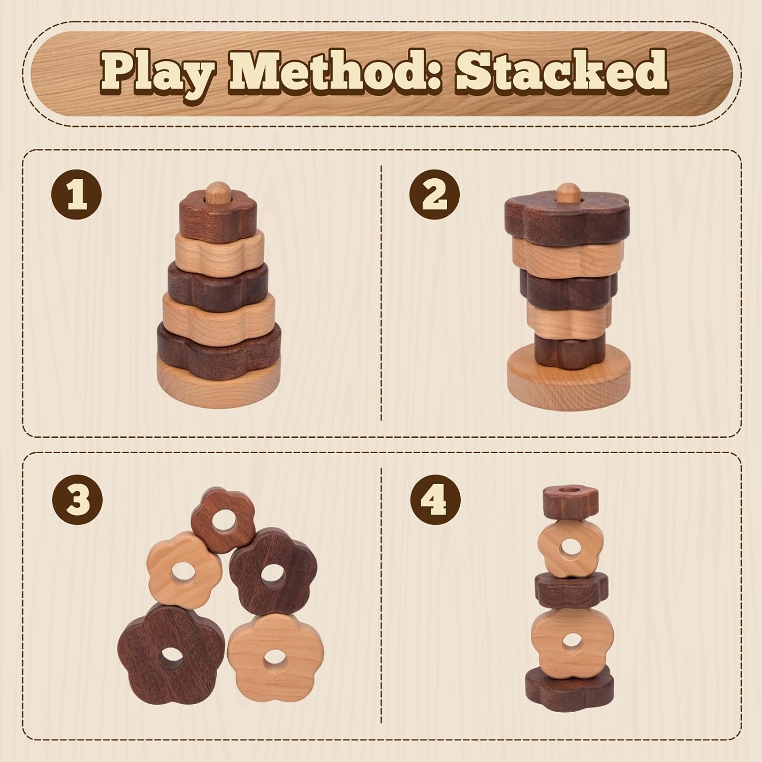 Adena Montessori Ring Natural,Montessori Geometric Stacker Wooden Educational Toy, Baby and Toddler Ages 12+ Months Shape Sorter and Stacking Tower Wood-Colored Wooden Stacking Toy for Babies(Flower)