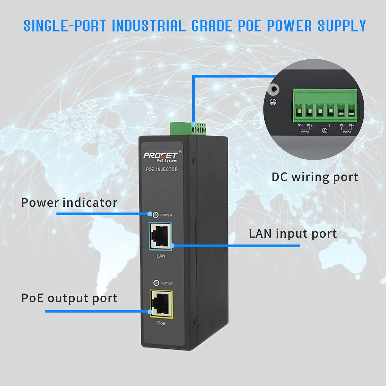 PROCET PoE++ 95W PoE Injector DIN Rail Industrial PoE Power Injector High Power PoE, 6KV Surge Protection, Wide Working Temperature -40℉ to 149℉, PT-PSE105GWH-E