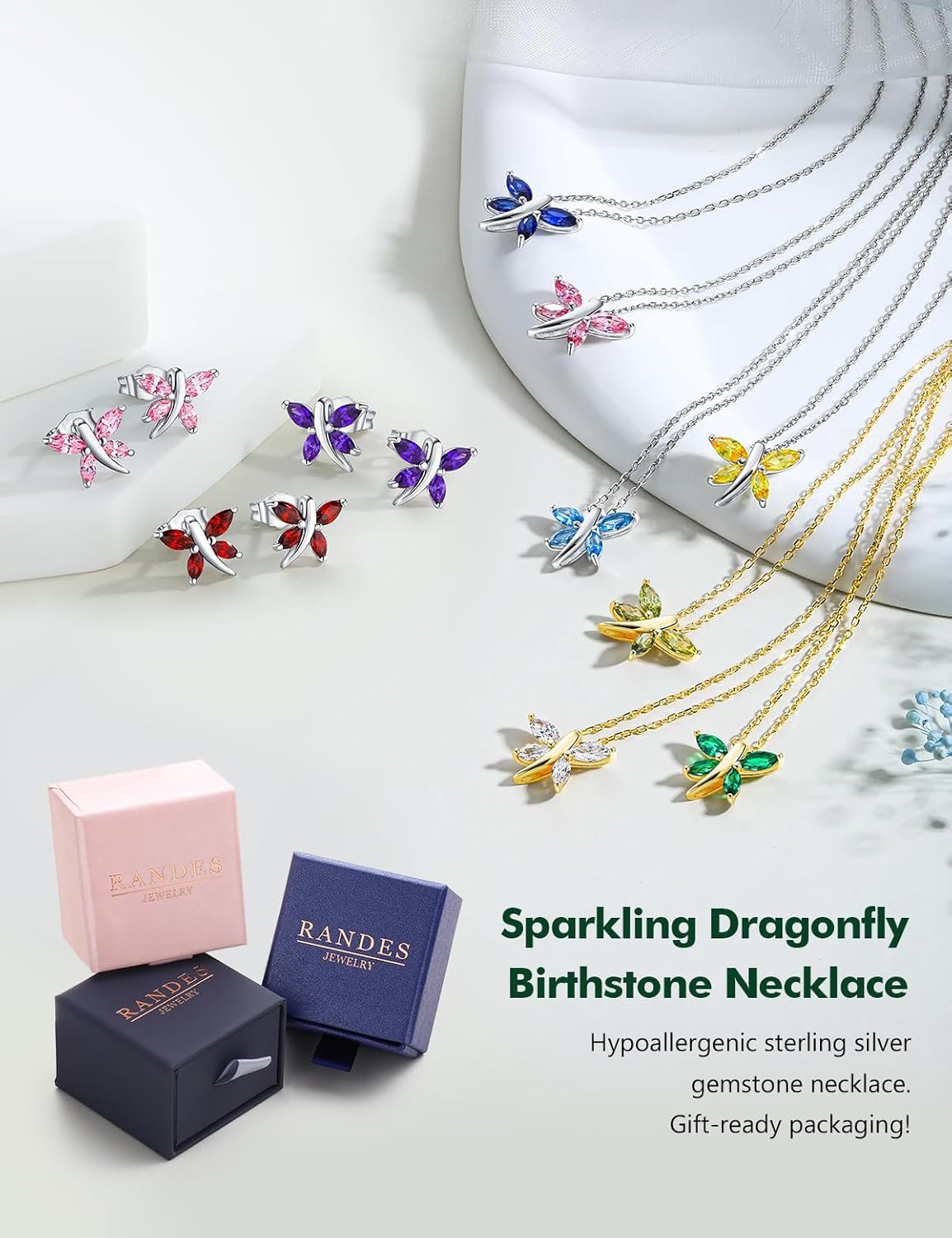 Dainty Dragonfly Necklace 14K Gold Plated/Sterling Silver Birthstone Necklaces for Women Gemstone Cute Dragonfly Pendant Necklace Dragon Fly Jewelry