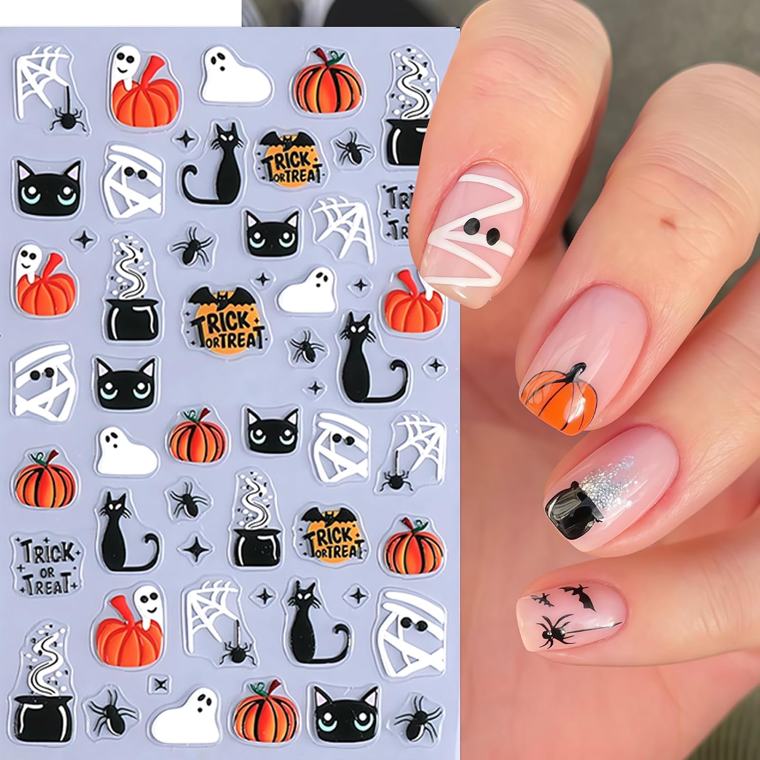 8 Sheets Cute Ghost Nail Stickers for Nail Art,5d Embossed Cute Ghost Nail Art Stickers Self Adhesive Pumpkin Spider Web Nail Decals Skeleton Flower Manicure Sliders for Women Nails Decorations image 5