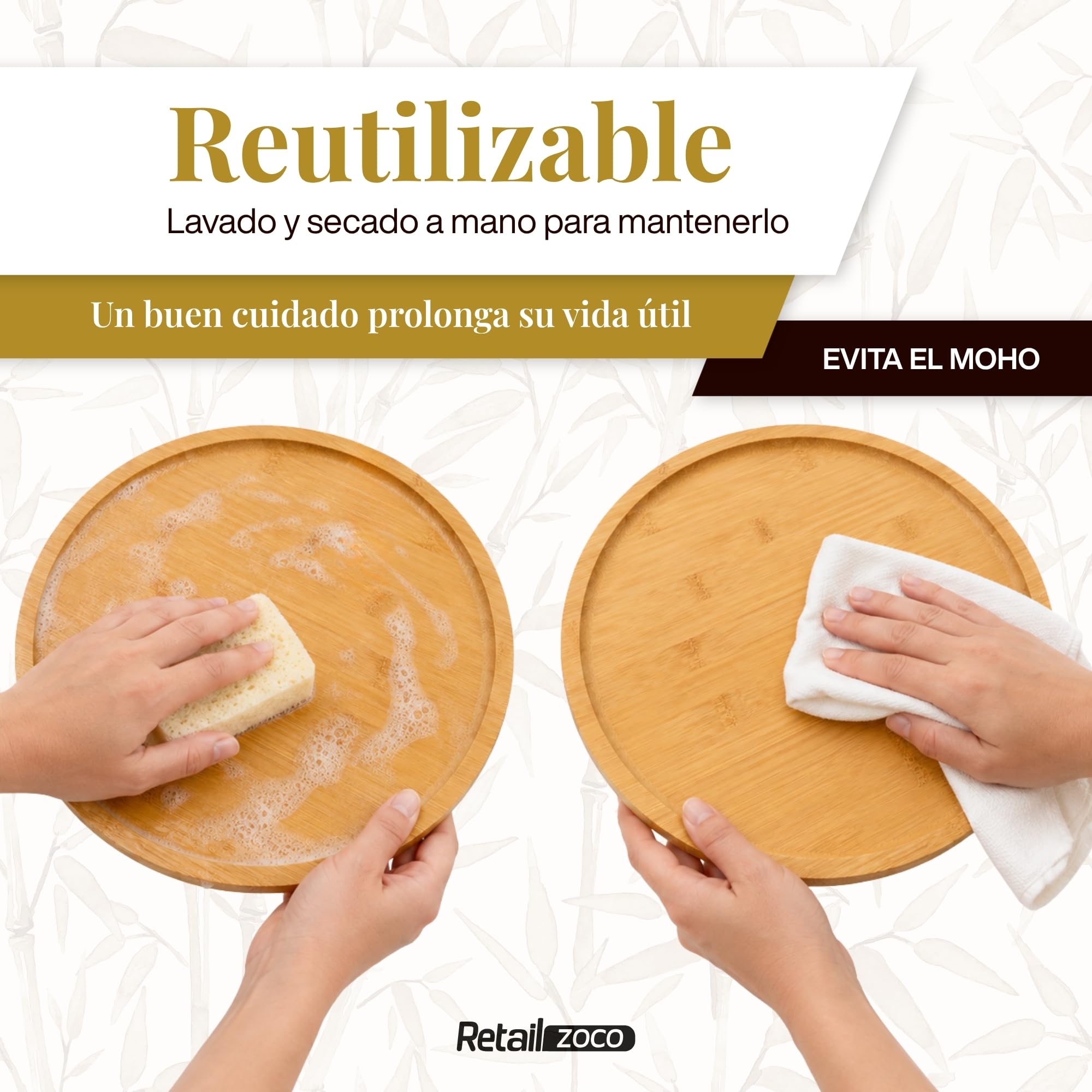 Plato redondo de madera, Plato de bambú, 3 unidades - imagen 6