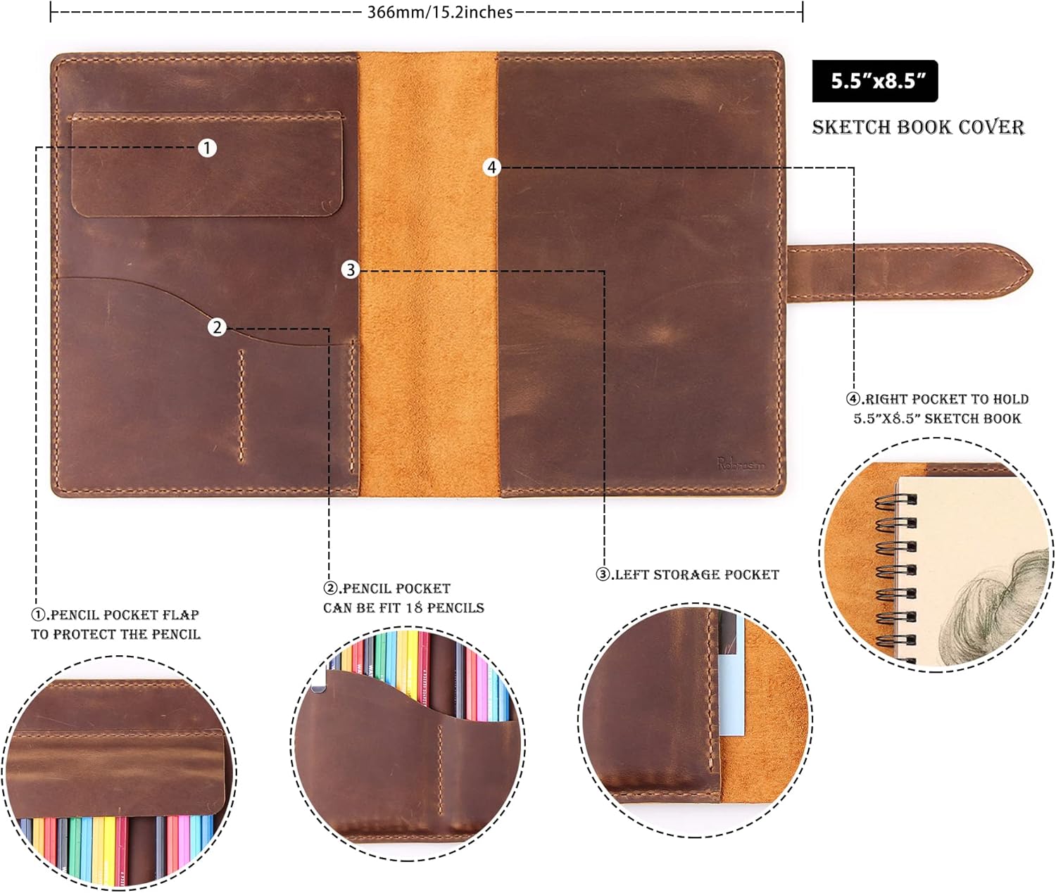 Robrasim Handmade Leather Sketchbook Cover, Leather Artist Sketch Pad Cover for 5.5" x 8.5" Sketchbook, Drawing Book and Pencil Case, Journal Notebook Portfolio, Artis Gifts-Brown