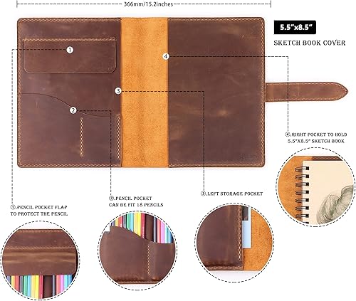 Miniatura 11 de Robrasim Funda de cuero hecha a mano para cuaderno de bocetos de 5.5 x 8.5 pulgadas, cuaderno de dibujo y estuche para lápices, cartera de cuadernos