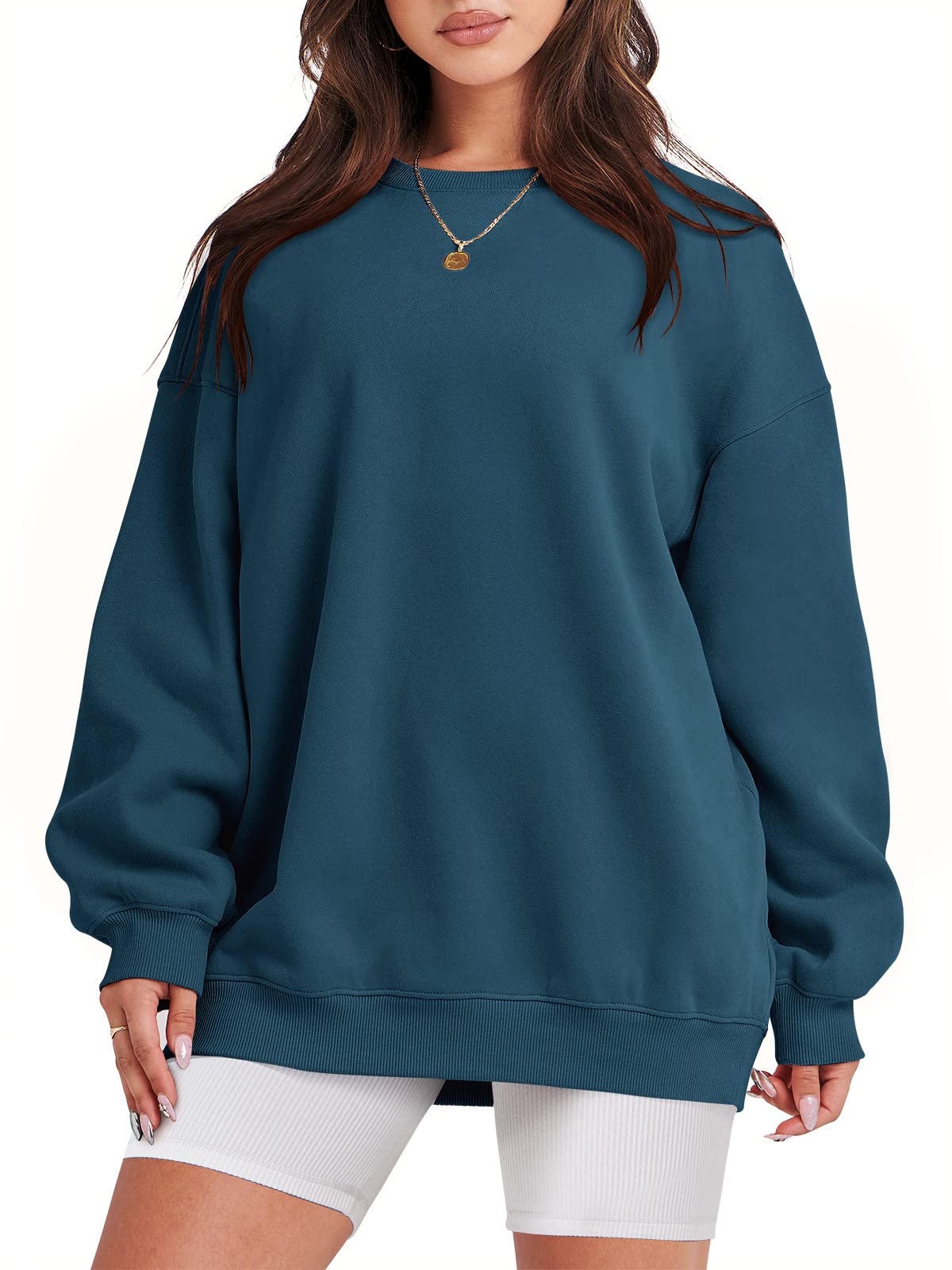 Damskie bluzy oversize bluzy z kapturem polar okrągły dekolt sweter top codzienne jesienne stroje preppy ubrania nastolatki 2024 A1019 światło, Jeden kolor, Deep Blue_L