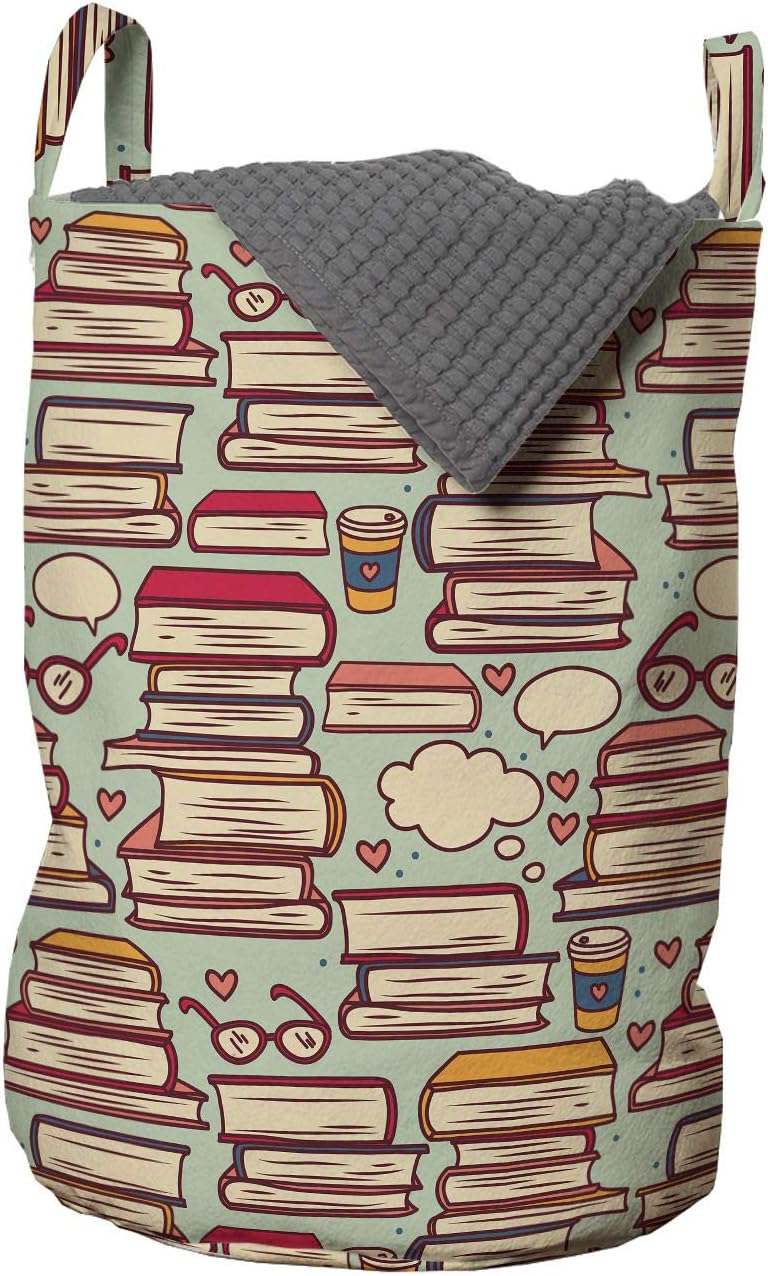 Ambesonne Cartoon Laundry Bag, Stack of Books with Coffee Cups and Eyeglasses Retro Nerdy, Hamper Basket with Handles Drawstring Closure for Laundromats, 13" x 19", Pink Green