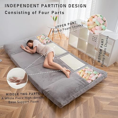 Miniatura 4 de MAXYOYO Puf Cama de suelo, sofá cama plegable extra grueso para adultos, sofá de suelo con funda lavable de piel sintética, sofá cama de piso