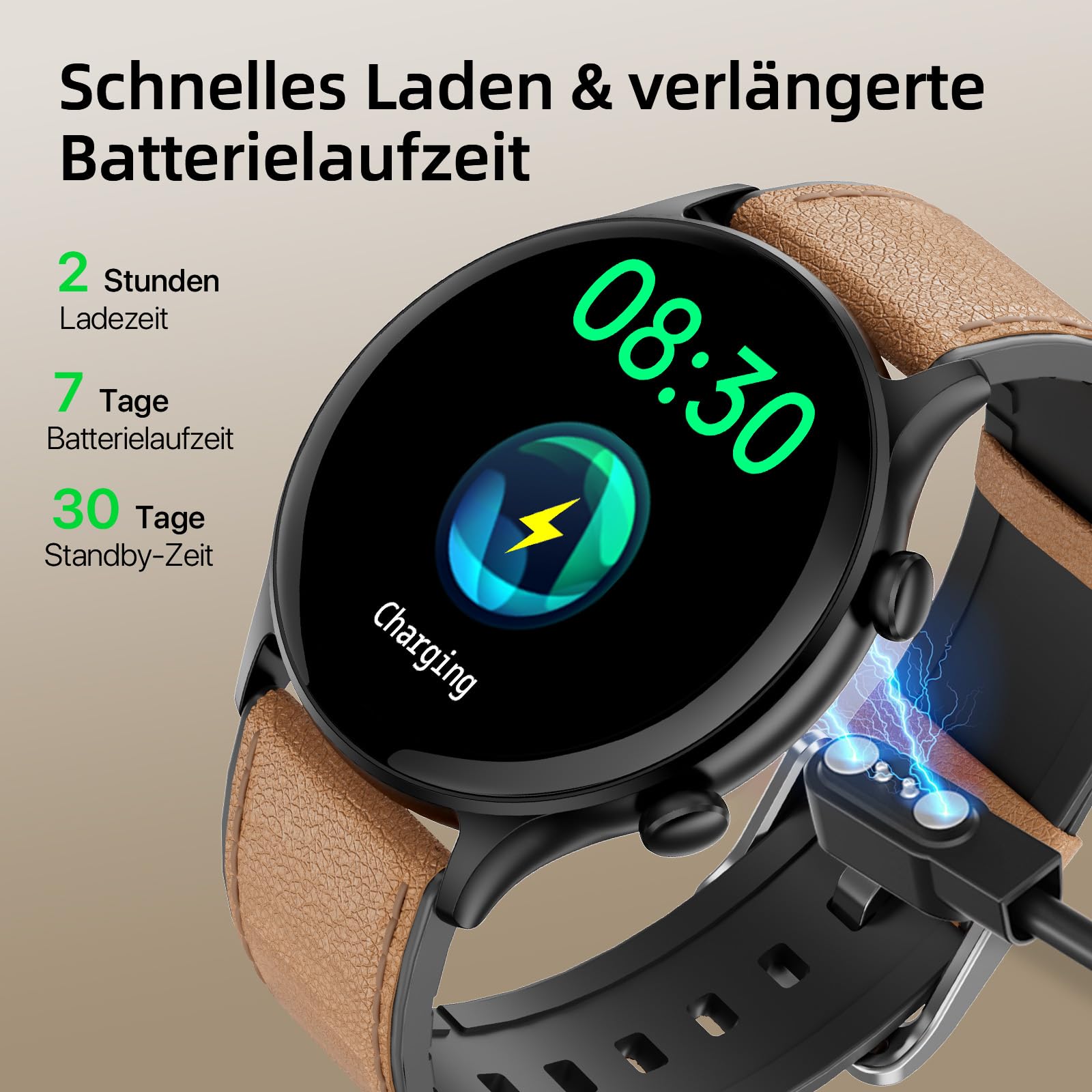 WalkerFit Montre Connectée Homme: 1.39“ Smartwatch Sport Ronde avec Appels Bluetooth, 110+ Modes Sportifs Podometre avec Moniteur De Fréquence Cardiaque/Sommeil/Étanche pour iOS/Android (Cuir)