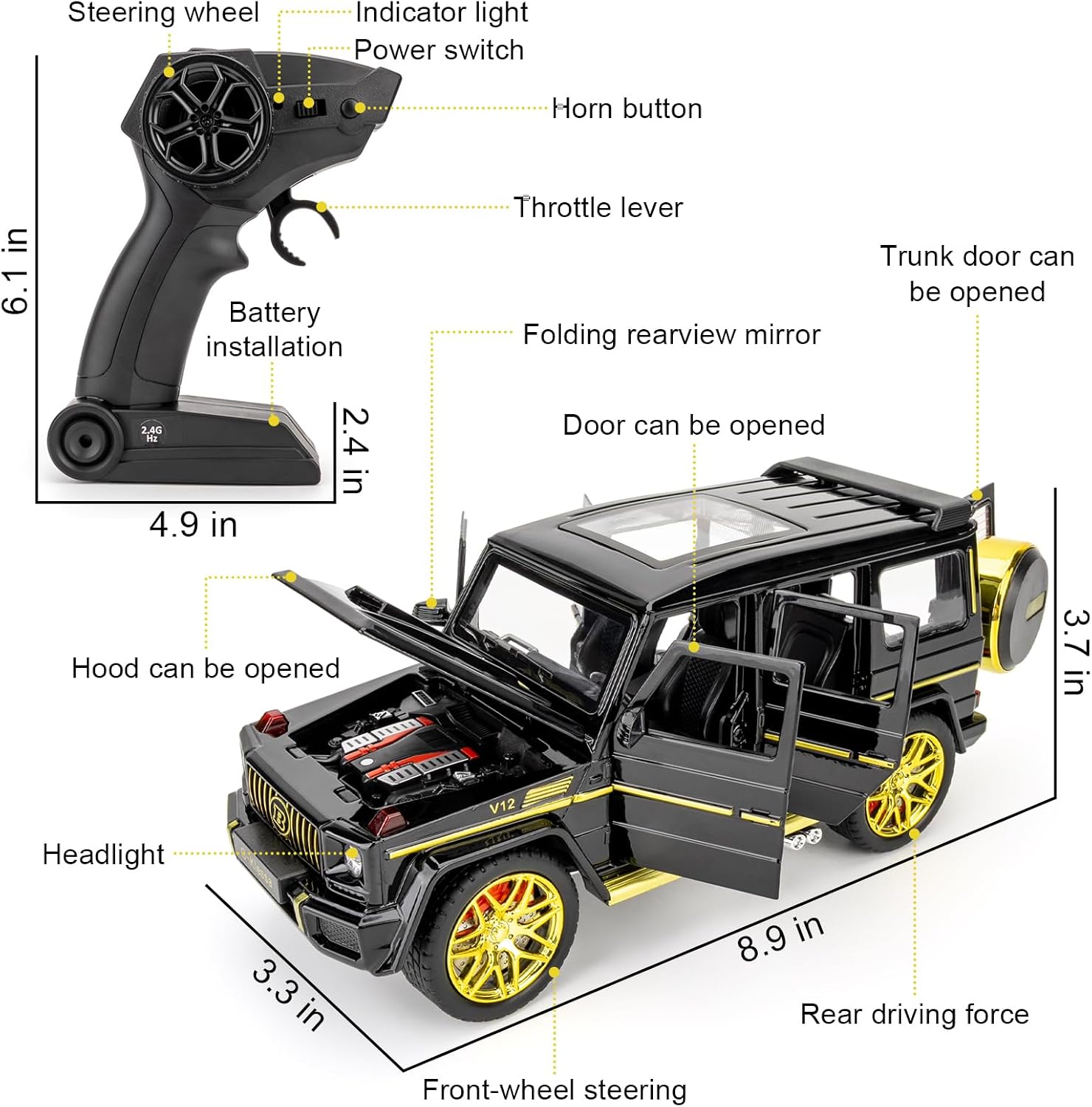 RC G63 Car, 2.4GHz Remote Control Car with Sound and Light, Die-cast Toy Cars Alloy Model Cars (Black)