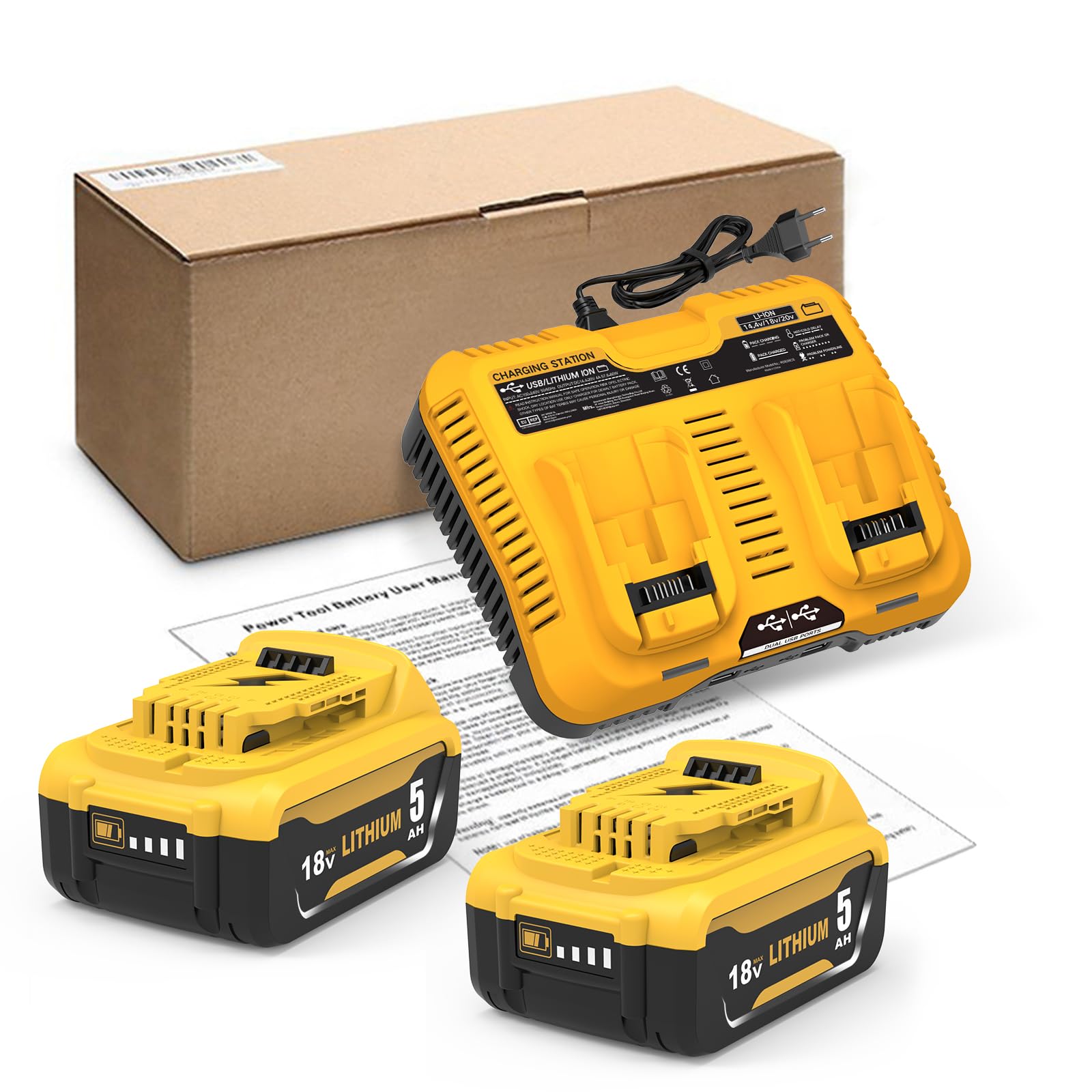 2 pezzi 5000mAh di ricambio per Dewalt batteria 18V+ 1 pezzo ricambio per Dewalt 14,4V-20V doppio caricatore DCB102