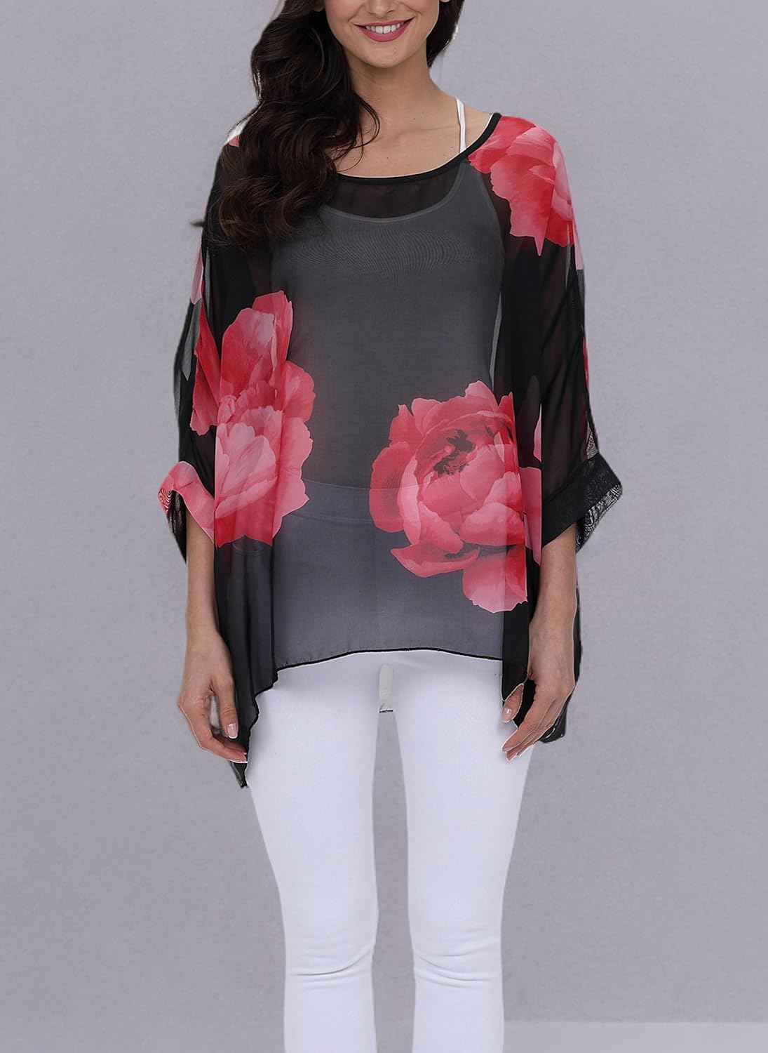 Plus Size Floral Chiffon Batwing Sleeve Tunic Blouse Boho Off-Shoulder Beach Cover Up Loose Summer Tops for Women - Image 5