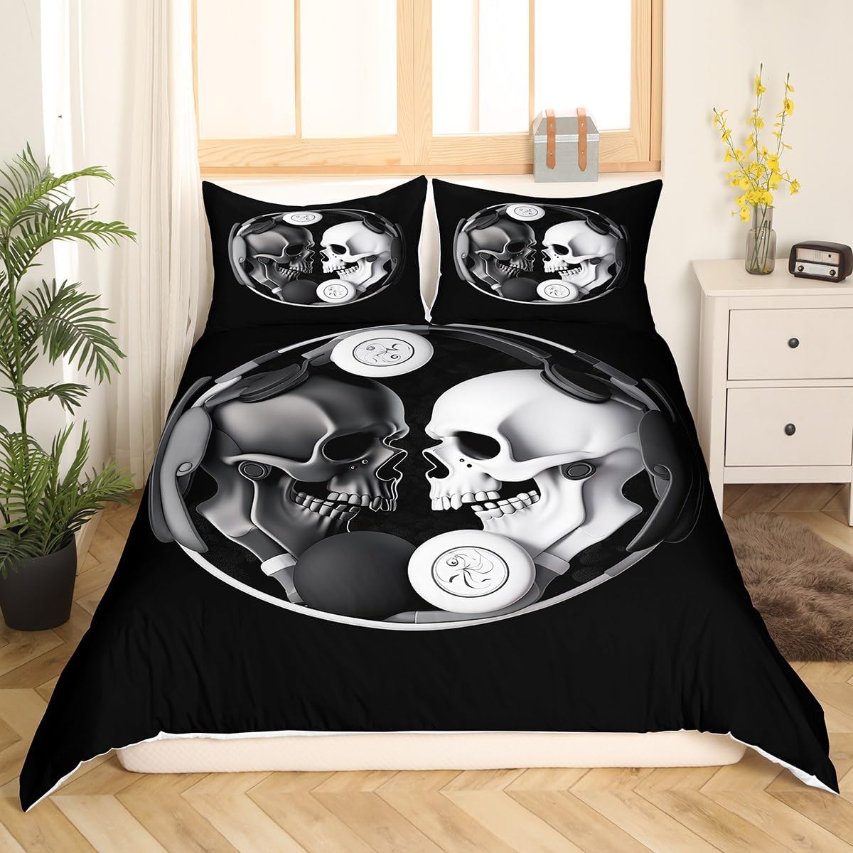 Erosebridal Sugar Skull Comforter Cover Yin and Yang Duvet Cover Set Black White Gothic Skull Bedding Sets for Kids Teen Boys Headphone Skeleton Bones Bedspreads Cover with 2 Pillow Cases Full Size