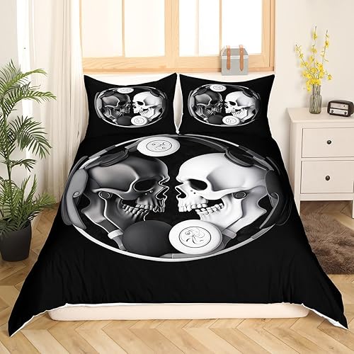 Miniatura 3 de Erosebridal Juego de funda de edredón de calavera de azúcar, Yin y Yang, juego de ropa de cama de calavera gótica negra y blanca para niños,