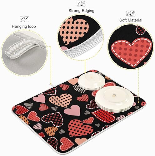 Miniatura 4 de Tapete de secado de platos negro con diseño de corazón de amor para el día de San Valentín, tapete de secado de microfibra absorbente reversible