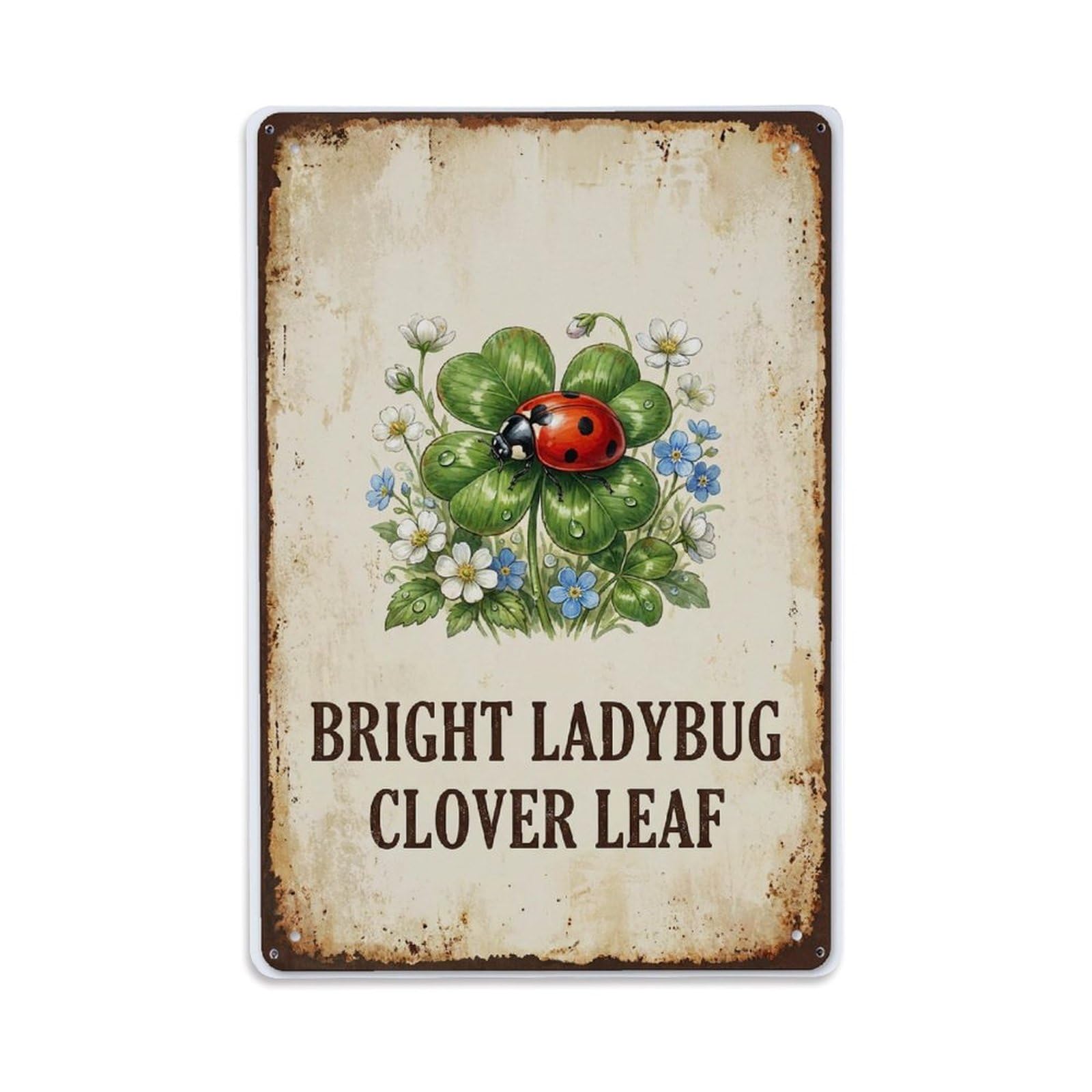 Bright Ladybug Clover Leaf Garden Metal Tin Sign Plaque Wall Decor for Cafe, Club Bar, Office, Home Garden Metal Poster 8x12Inch
