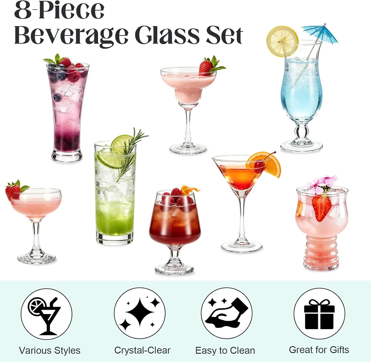 8 PCS Mixed Drinkware Set, Assorted Cocktail Glasses, A variety of styles