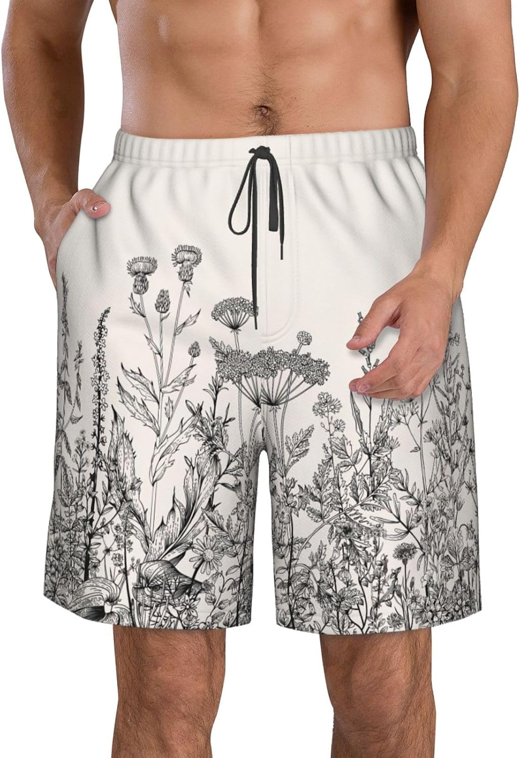 Floral Herbs Botanical Engraving Print Mens Casual Shorts Drawstring Summer Beach Stretch Shorts Novelty Swimtrunks