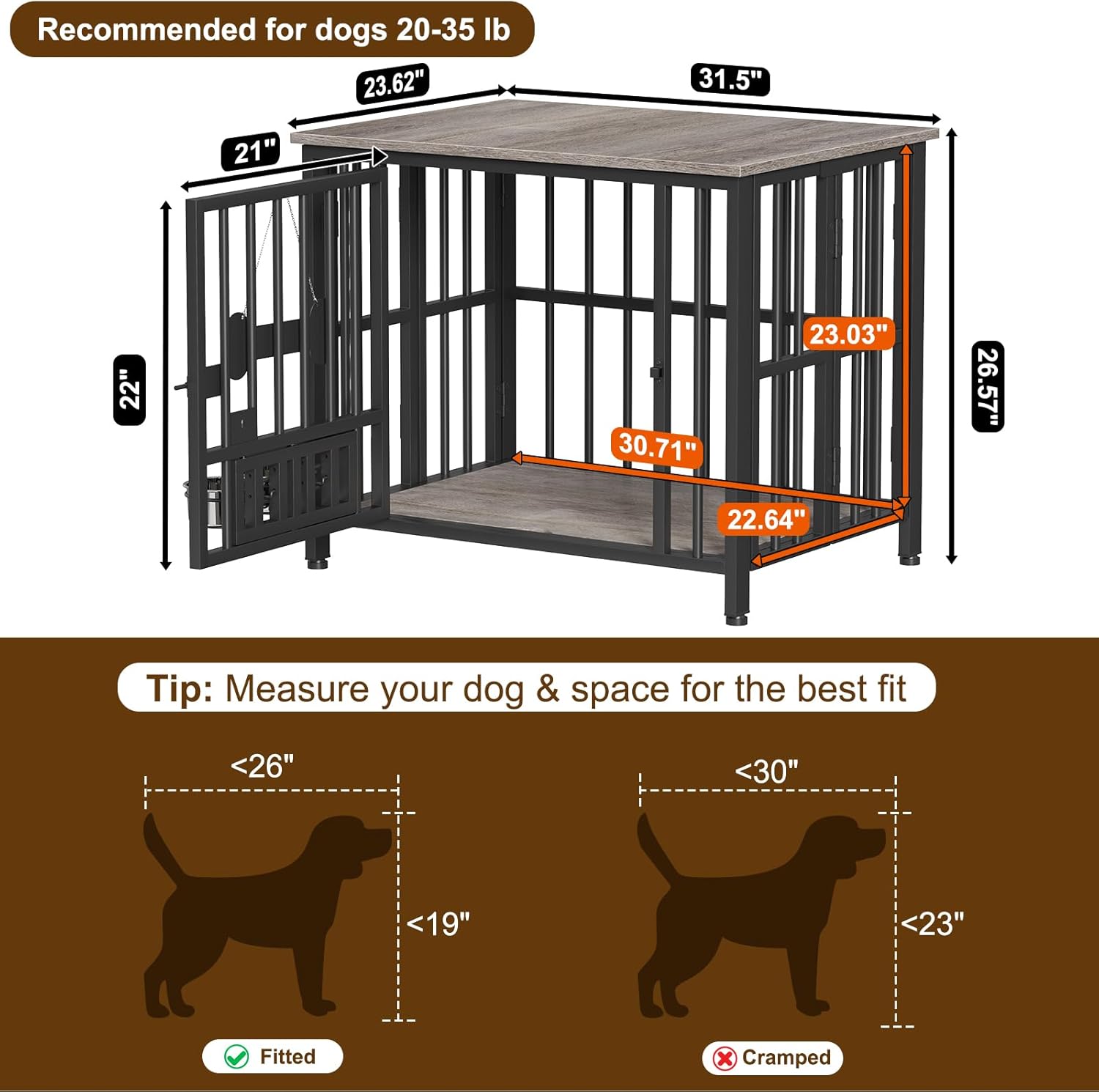 Easycom 31" Dog Crate Furniture Foldable, No Assembly Decorative Dog Kennel Indoor, Dog Crates for Medium Dogs(20-35 lb), Wooden Dog Cage with Adjustable Bowls and Name Tag, End Table, Oak Grey