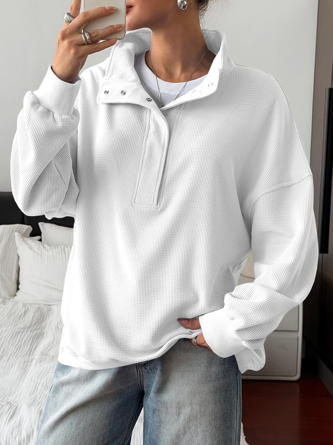 Fisoew Womens Waffle Knit Oversized Sweatshirt Casual Snap Stand Collar Long Sleeve Pullover Tops Fall Travel Outfits - Image 2