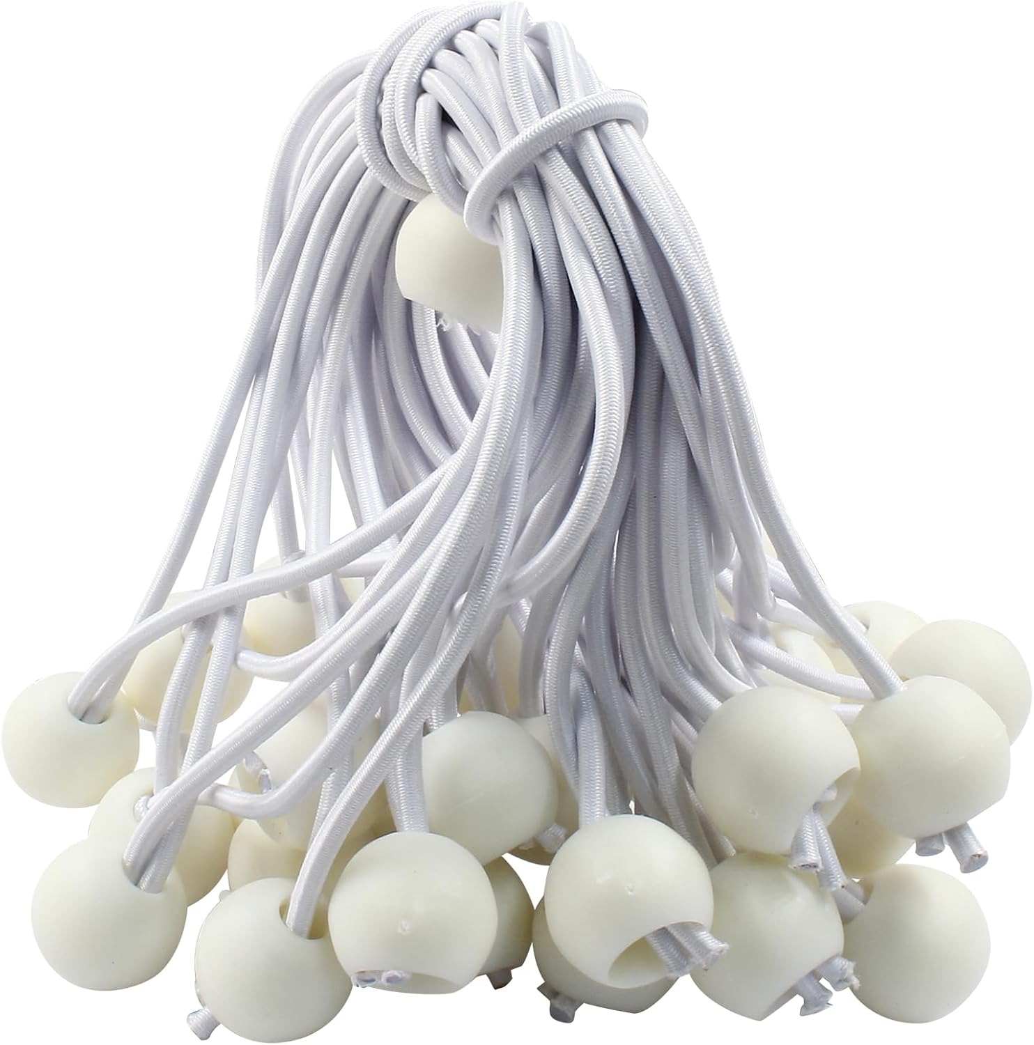 Waziaqoc 50 Pcs Ball Bungee Cords 6 Inch, Tarp Ball Bungee Ties Heavy Duty Canopy Tie Downs for Camping, Cargo, Projector Screen, Tent Poles with UV Resistant (White)