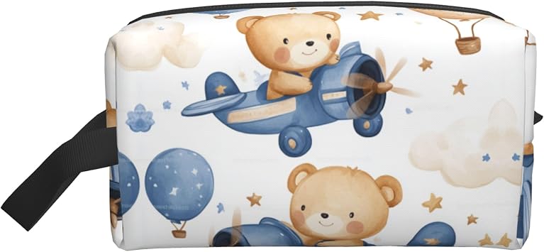 Travel Toiletry Bag for Women Men - Waterproof Cosmetic Toiletries for Girls Kids, Dopp Kit Shaving Makeup Pouch Wash Bags Accessories Organizer, Bear Flies Plane