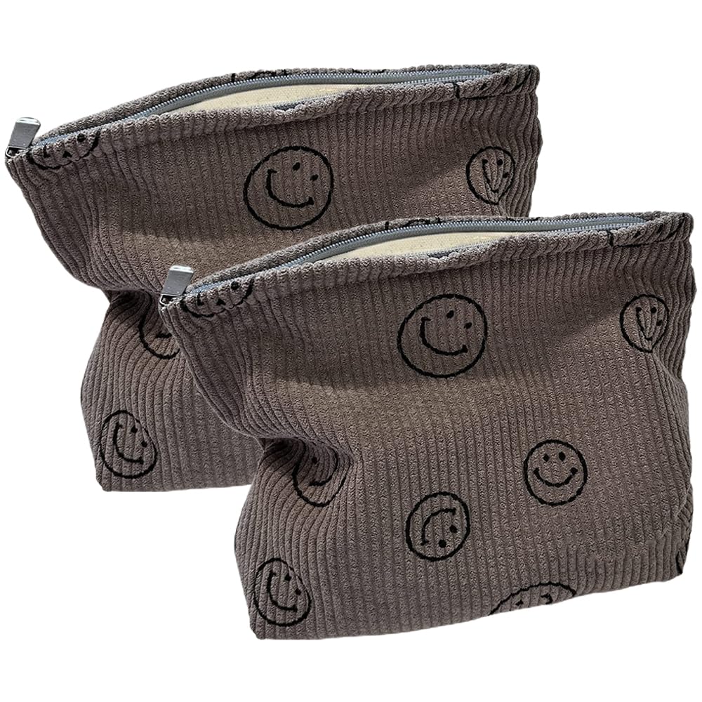 2 Pcs Smile Cosmetic Bag, Smile Print Corduroy Makeup Bag, Portable Travel Cosmetic Bag, Corduroy Smile Face Cosmetic Storage Bag for Women Girls