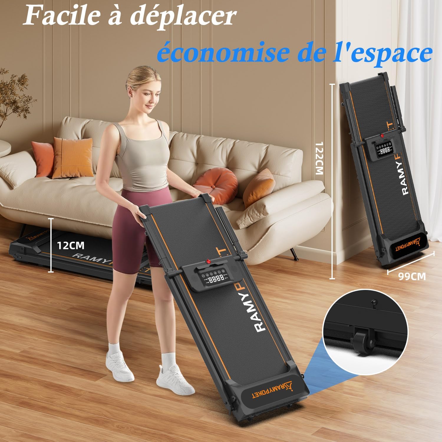 Woman easily moving and folding the treadmill for storage