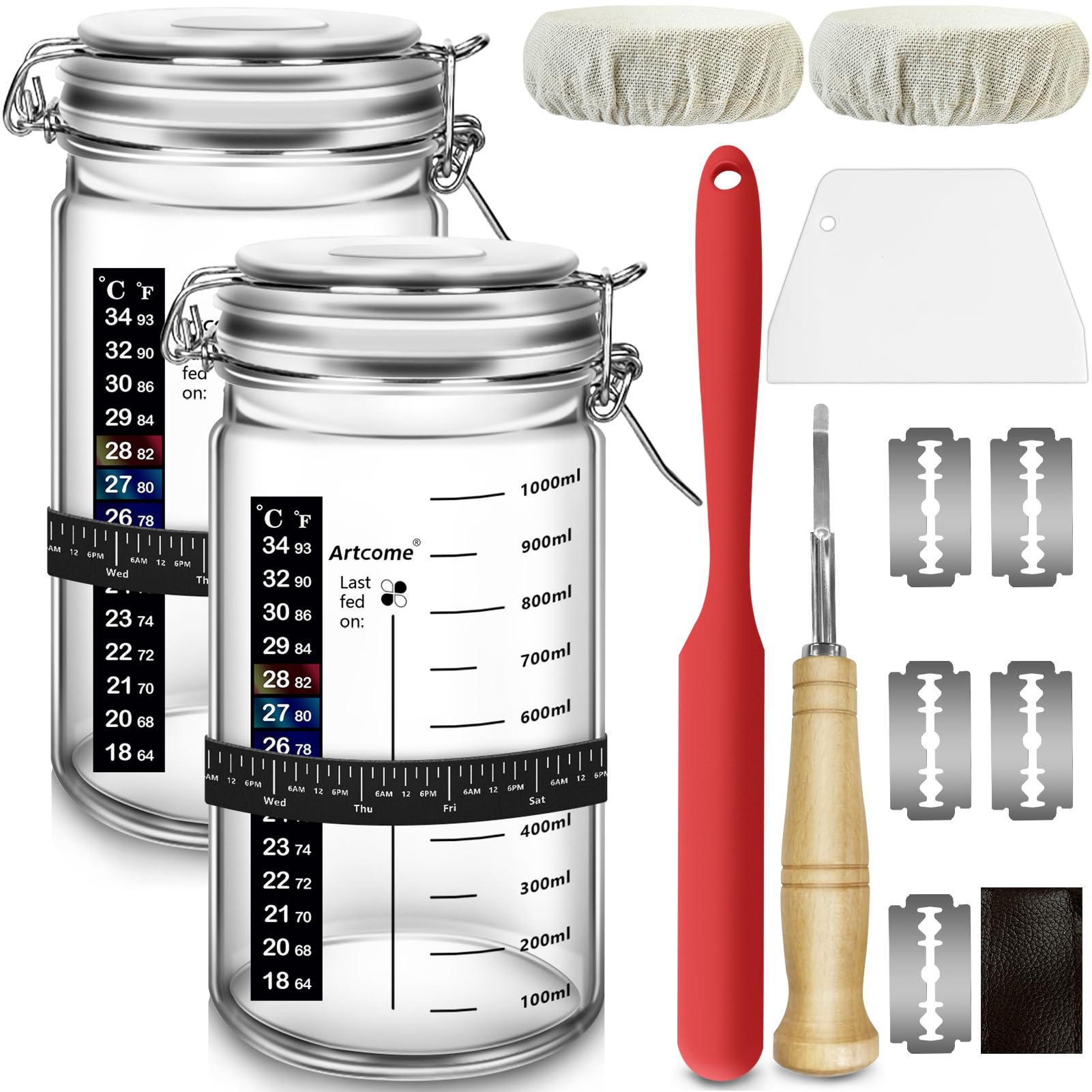 Artcome 34 Oz Sourdough Starter Jar Kit with 2 Glass Jars - DIY Pro Glass Sourdough Starter Jar Kit, Airtight Food Storage Canister, Reusable Sourdough Bread Baking Supplies, Home Baking Supplies