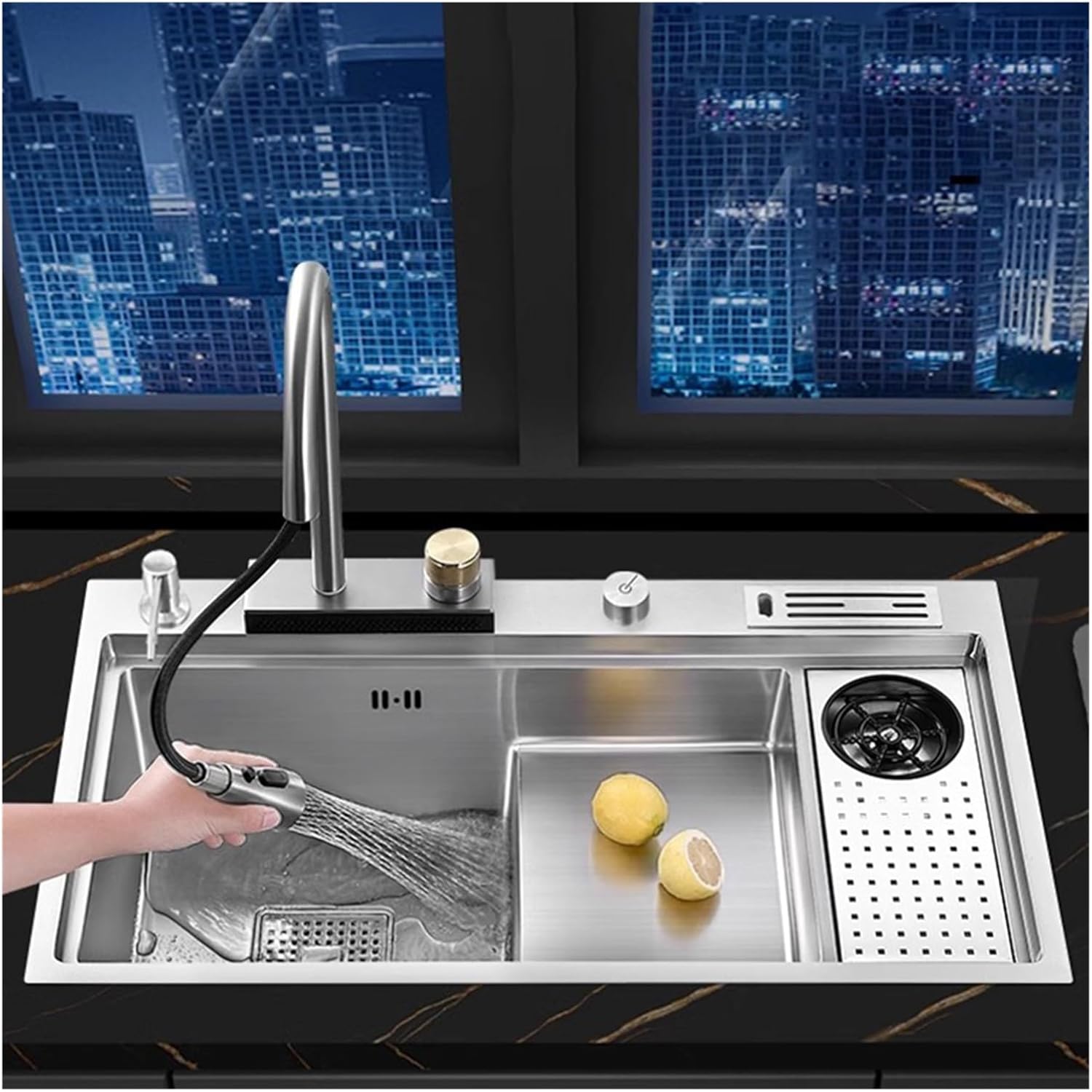 Waterfall Stepped Sink with Single Slot and Cup Washer Kitchen 304 Stainless Steel Vegetable Washing Basin Under The Table(82X45 D Silvery)