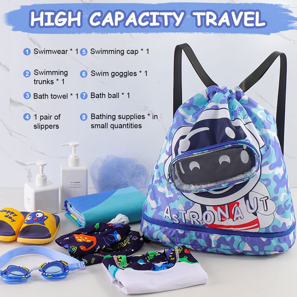 PALAY® Swimming Bag for Kids Cartoon Print Shoulder Bag for Kids Large Capacity Backpack for Boys Girls Wet Dry Separation Beach Bag Storage Bag for Clothes, Swimming Goggles 4