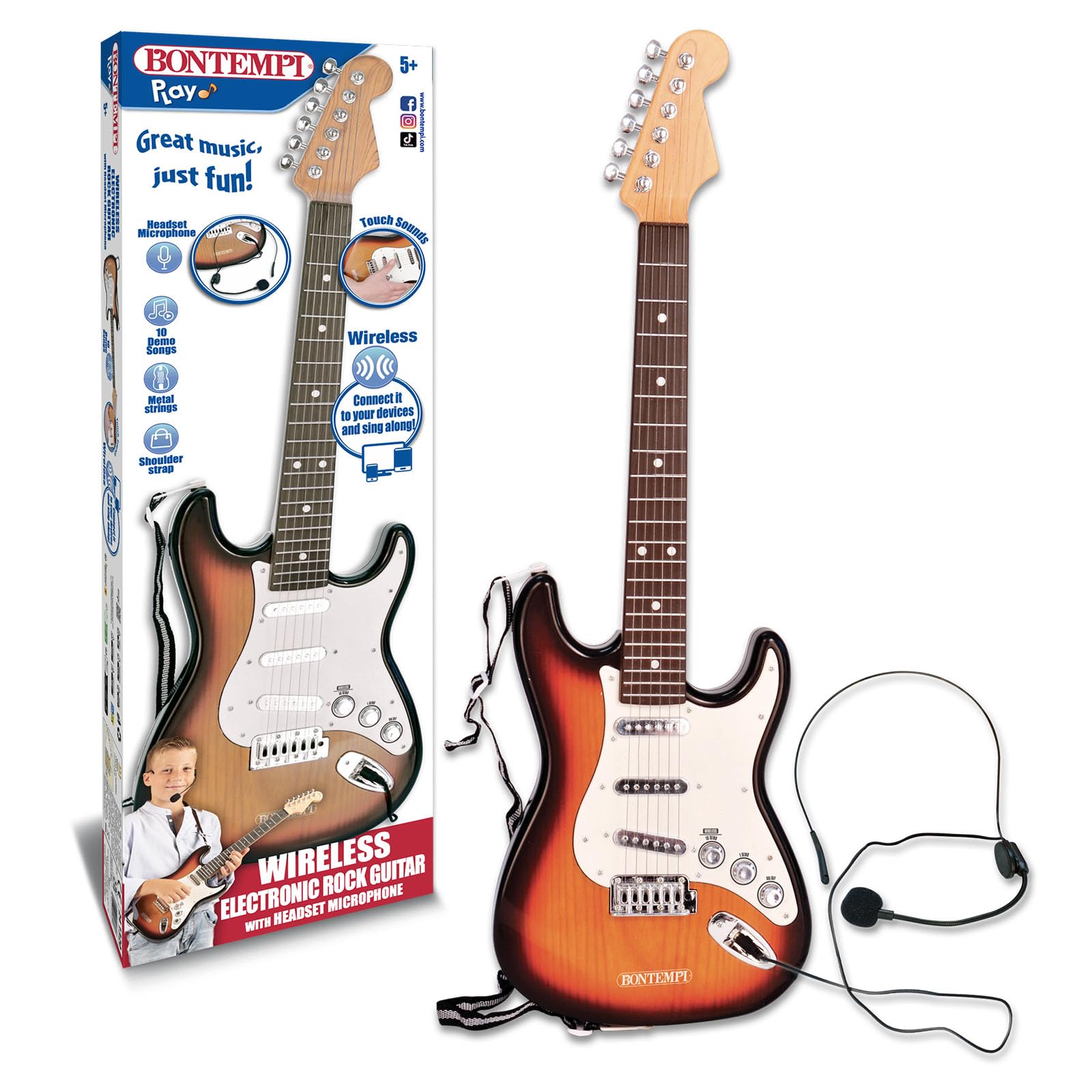 BONTEMPI - Rock On Bezprzewodowa Elektroniczna Gitara Rockowa z Mikrofonem na Głowę, Pasek na Ramię, 10 Wstępnie Nagranych Utworów, 67 cm