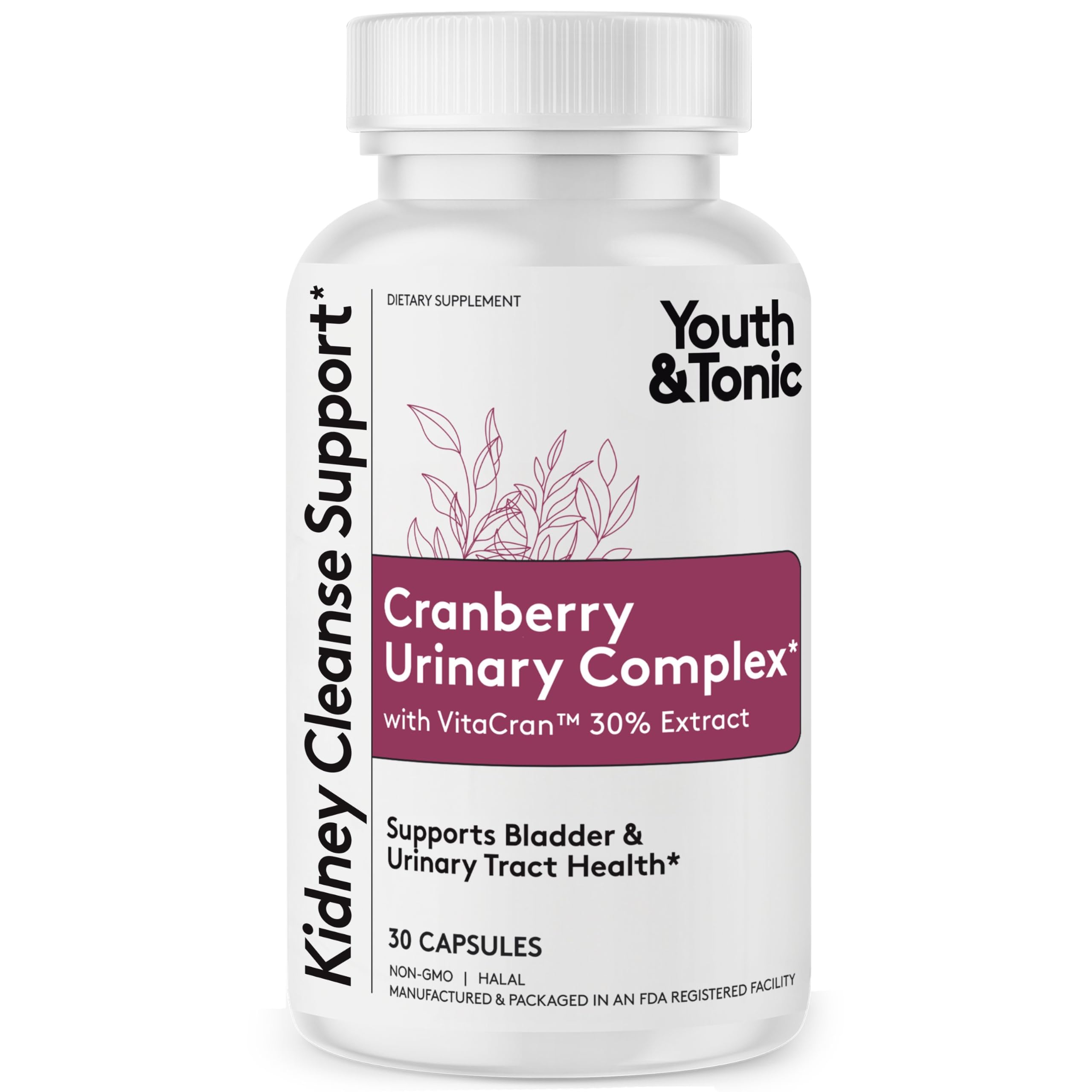 Youth & Tonic Kidney Support Supplement, Cleanse, Detox, Cranberry Extract 30 Count (Pack of 1)